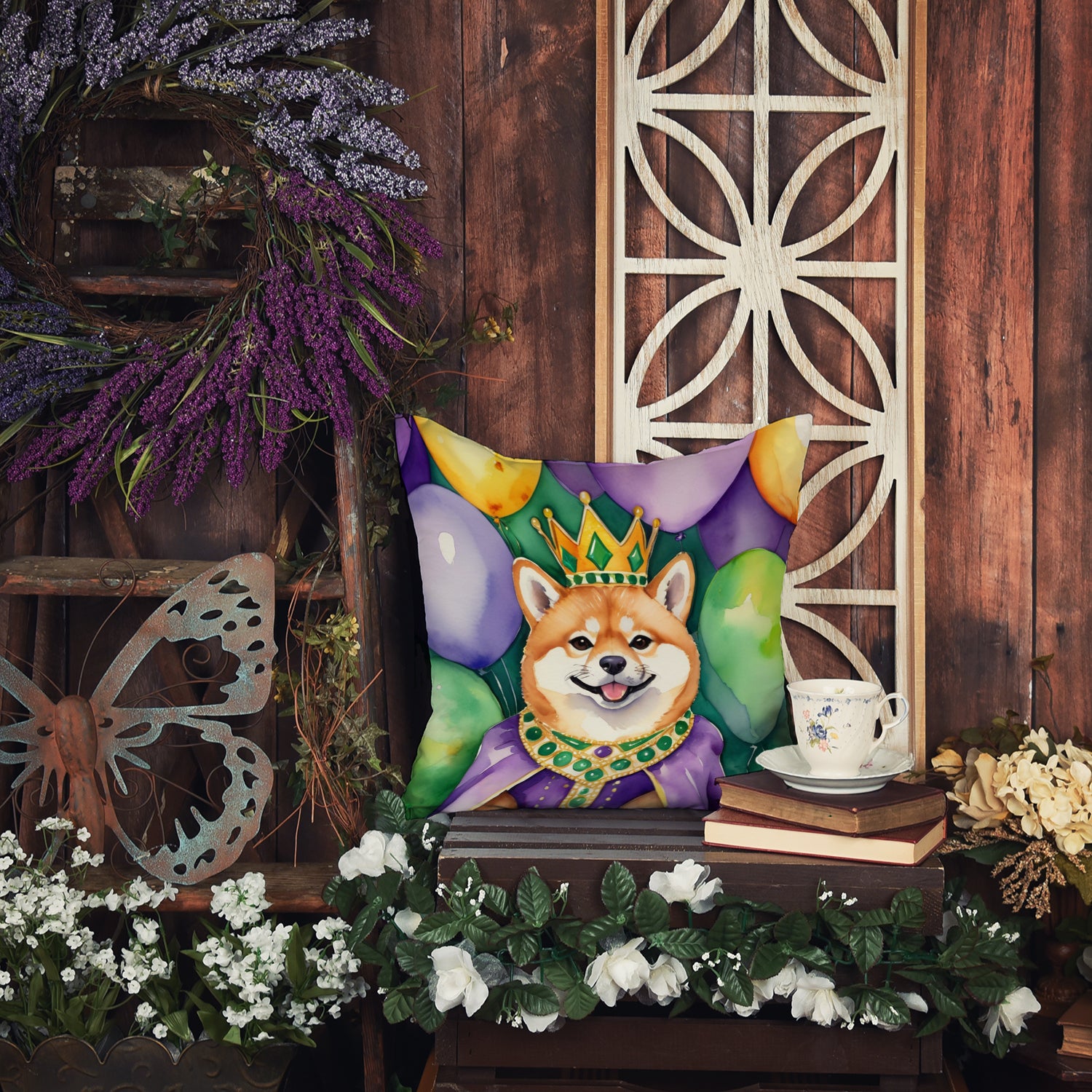 Shiba Inu King of Mardi Gras Throw Pillow