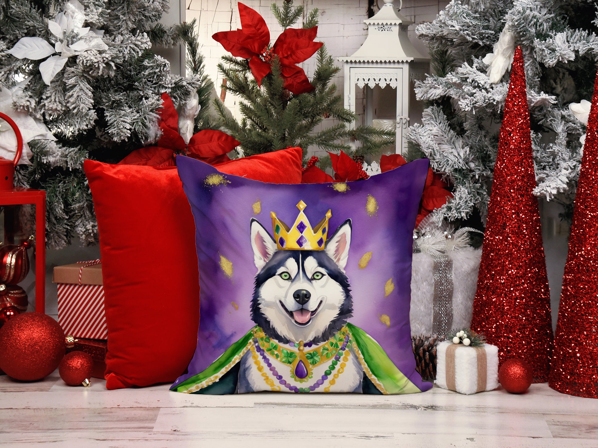 Siberian Husky King of Mardi Gras Throw Pillow