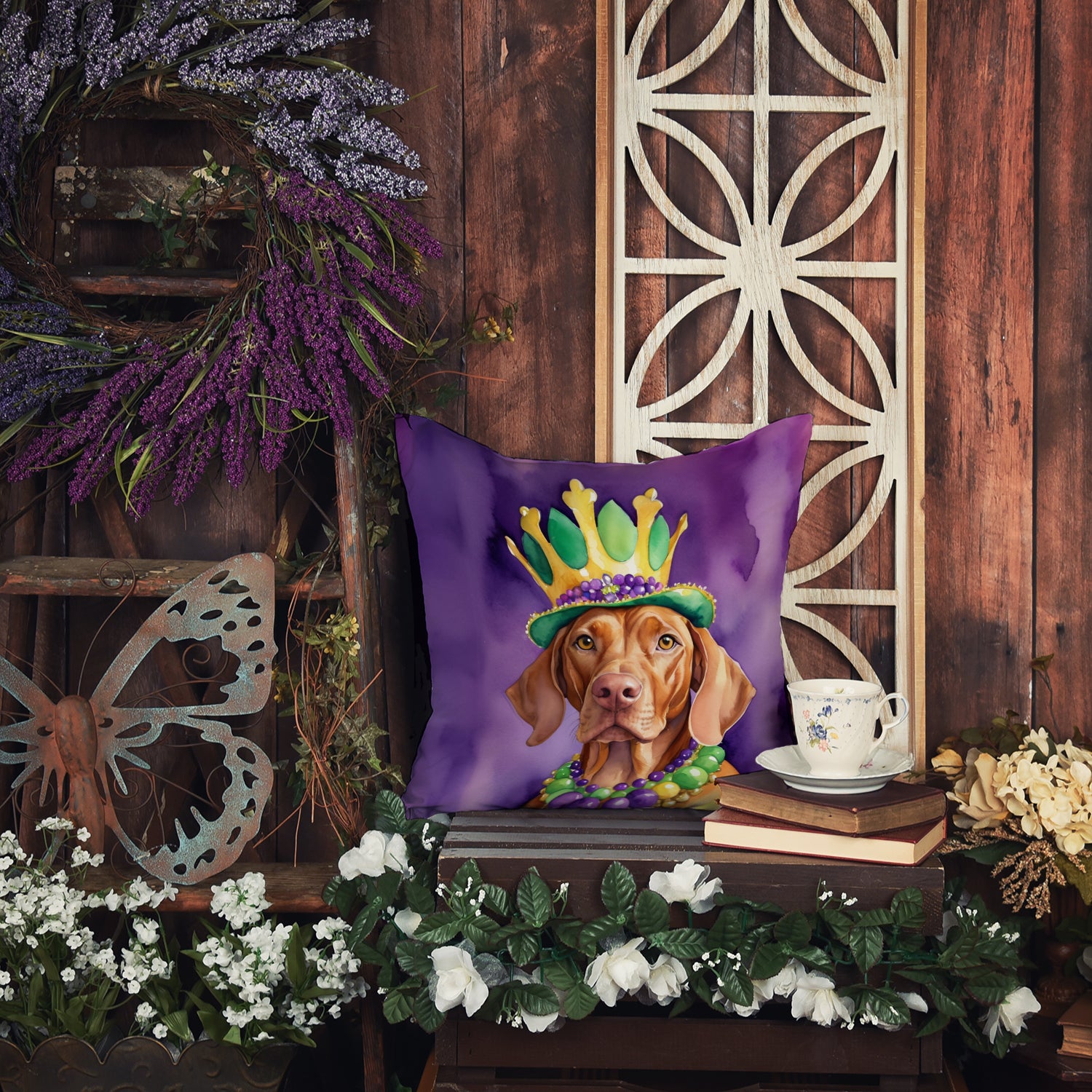 Vizsla King of Mardi Gras Throw Pillow