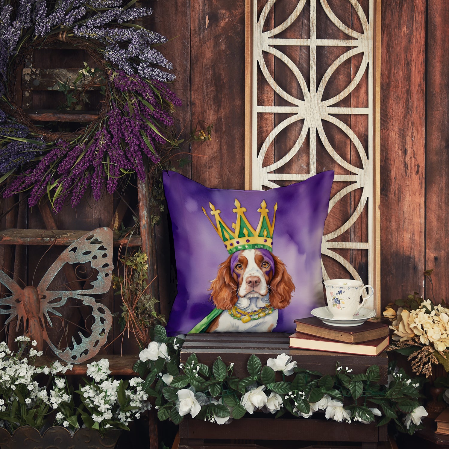 Welsh Springer Spaniel King of Mardi Gras Throw Pillow