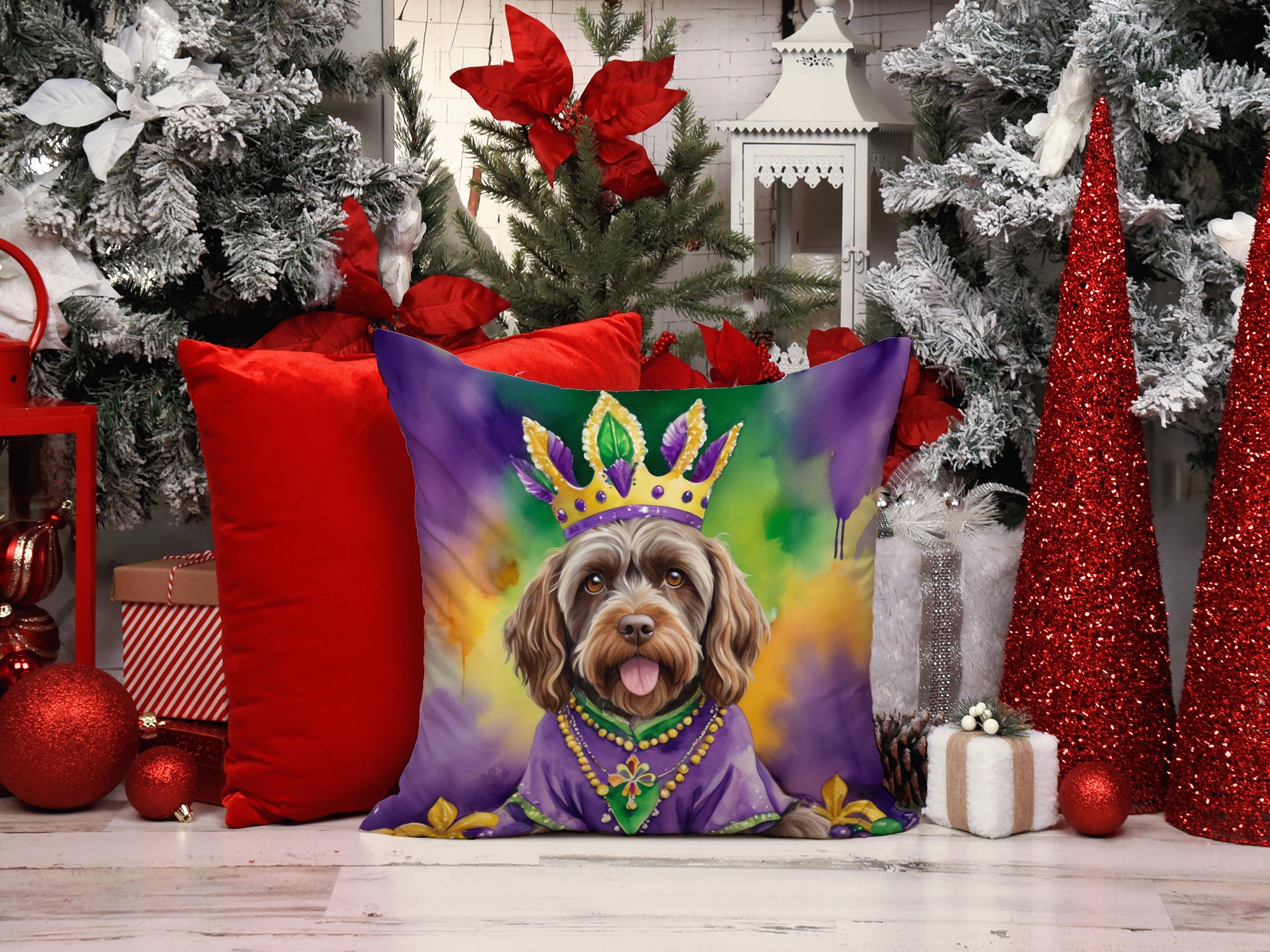 Wirehaired Pointing Griffon King of Mardi Gras Throw Pillow