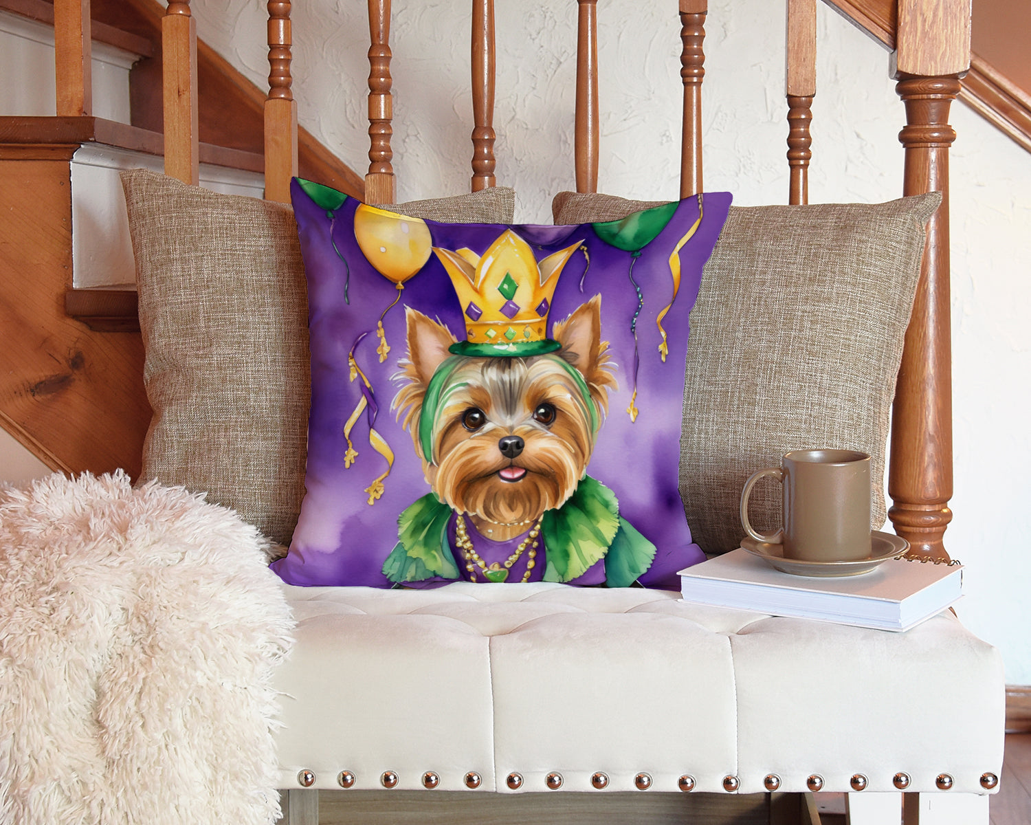 Yorkshire Terrier King of Mardi Gras Throw Pillow