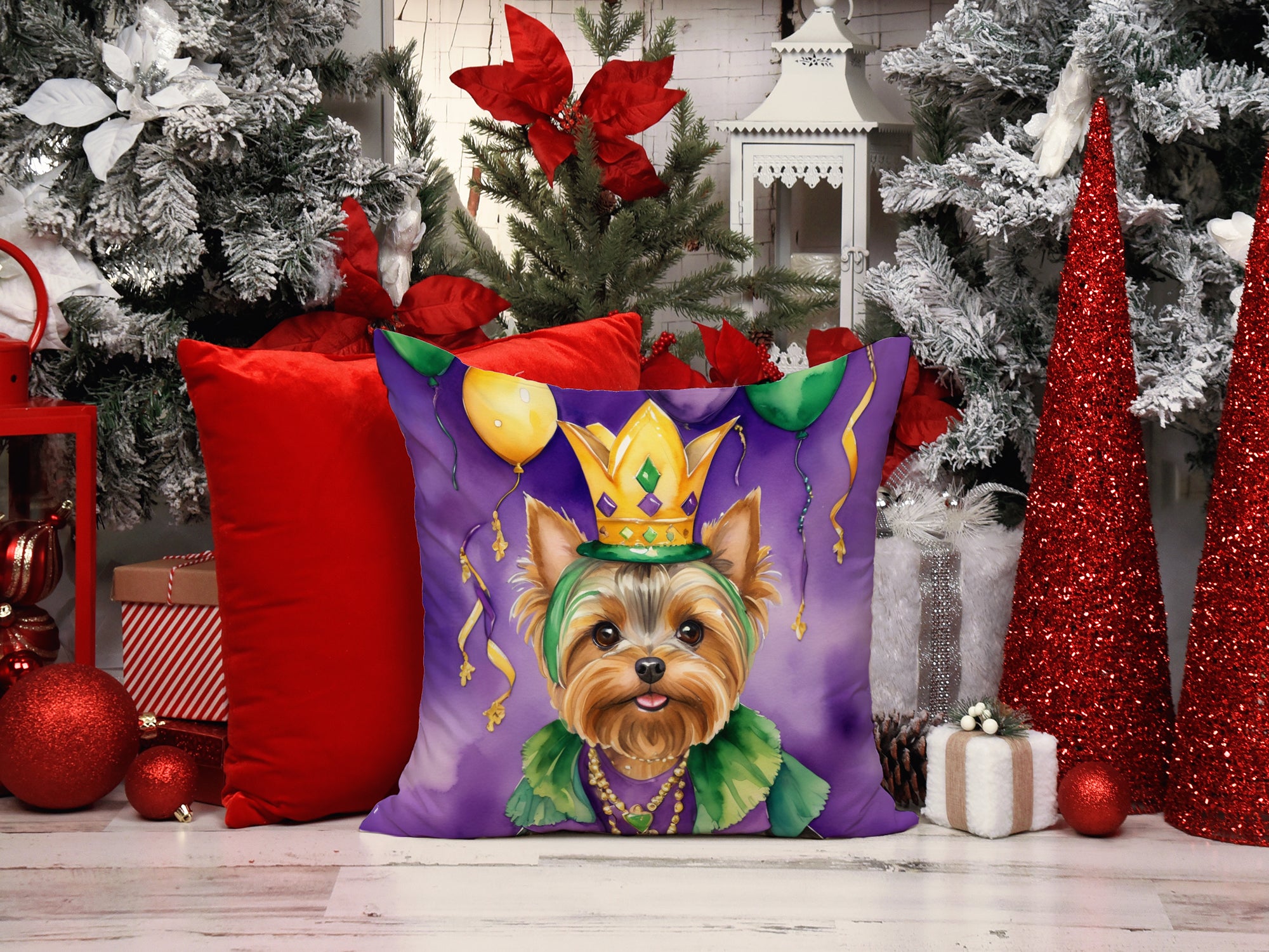 Yorkshire Terrier King of Mardi Gras Throw Pillow