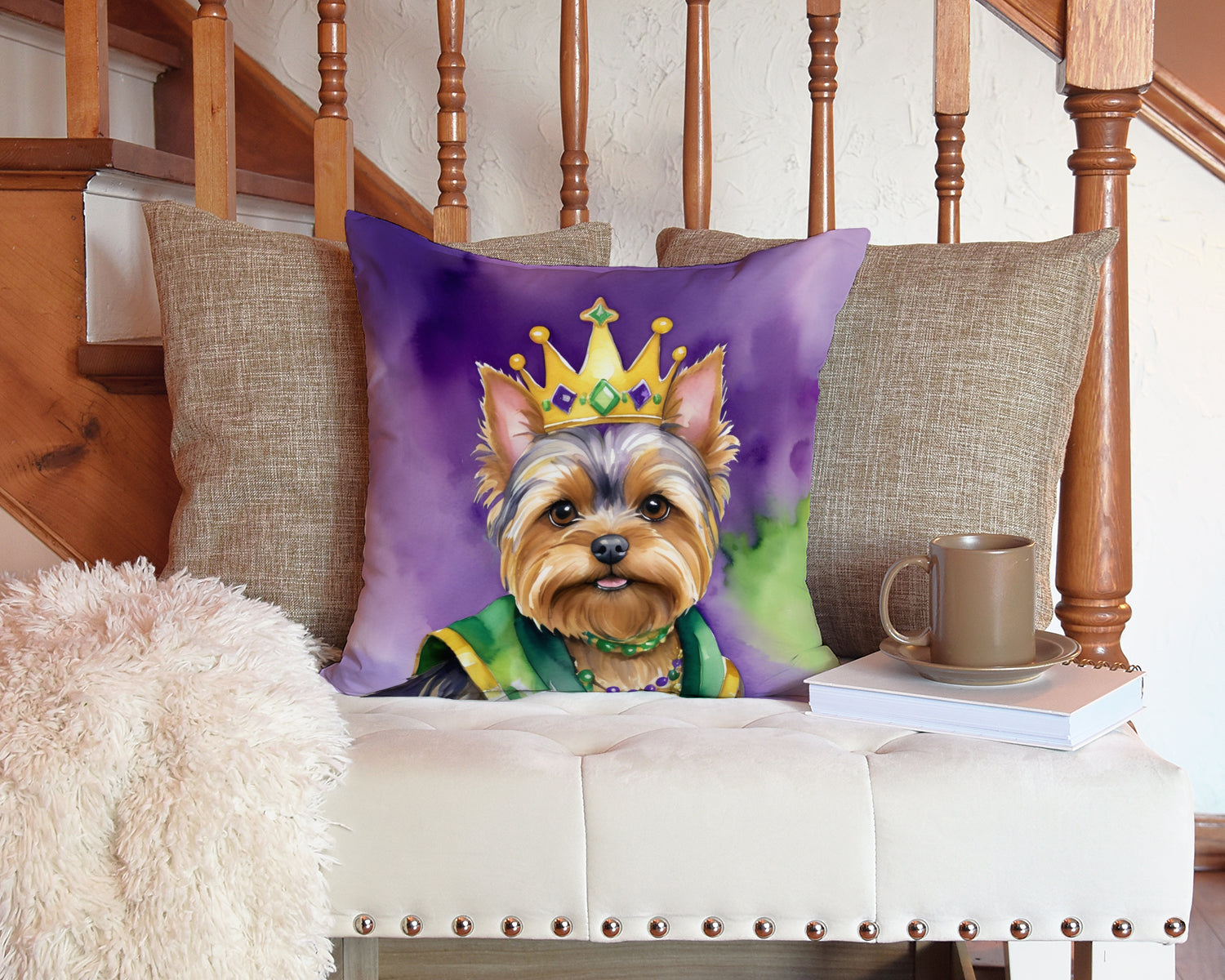 Yorkshire Terrier King of Mardi Gras Throw Pillow