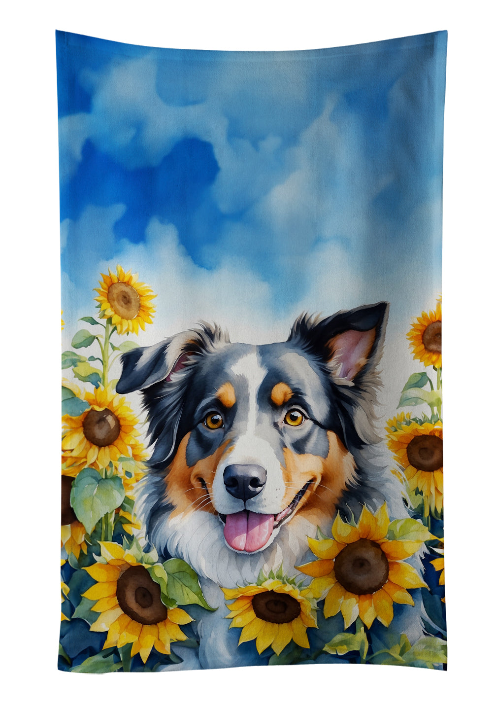 Buy this Australian Shepherd in Sunflowers Kitchen Towel