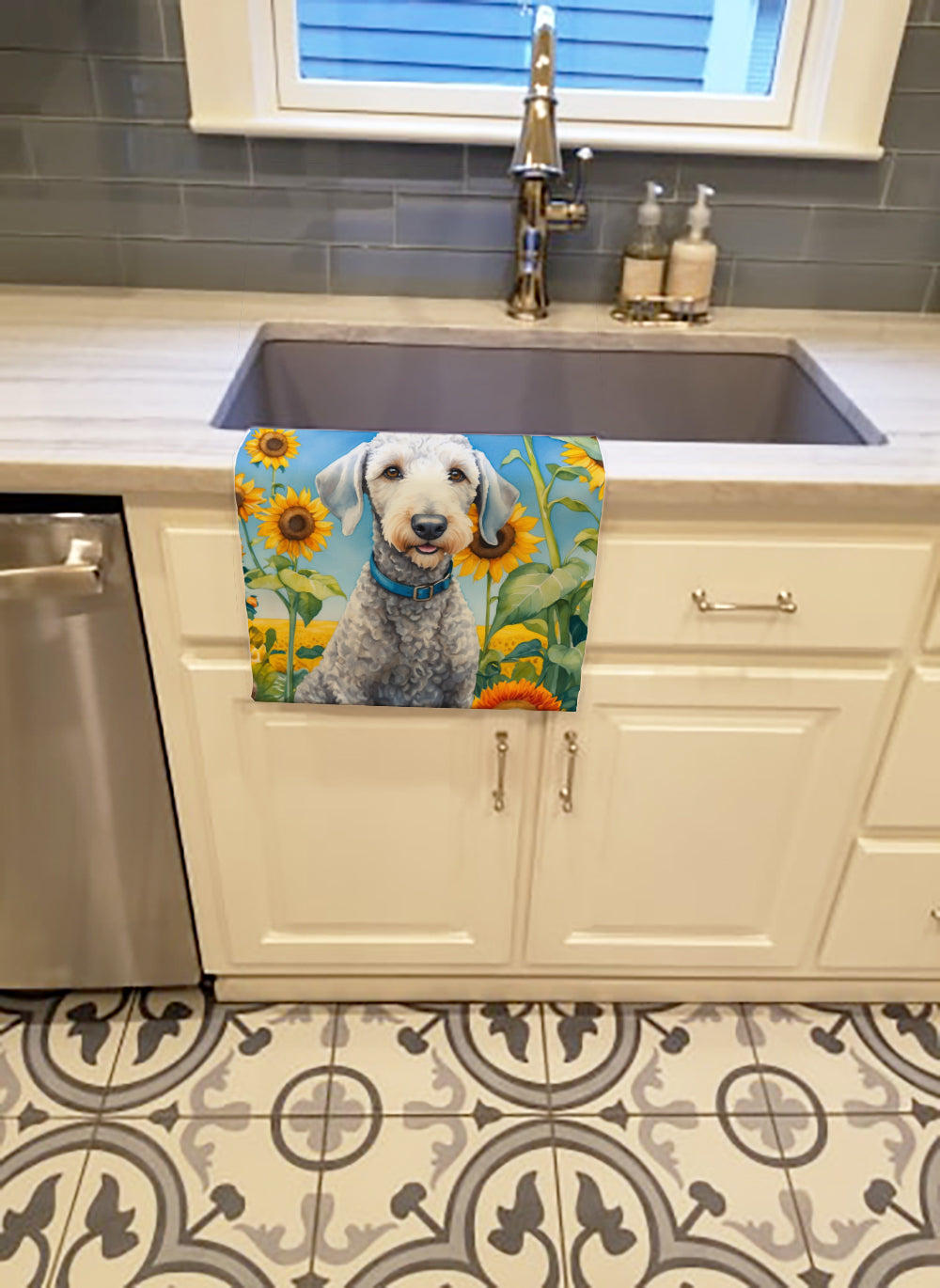 Bedlington Terrier in Sunflowers Kitchen Towel
