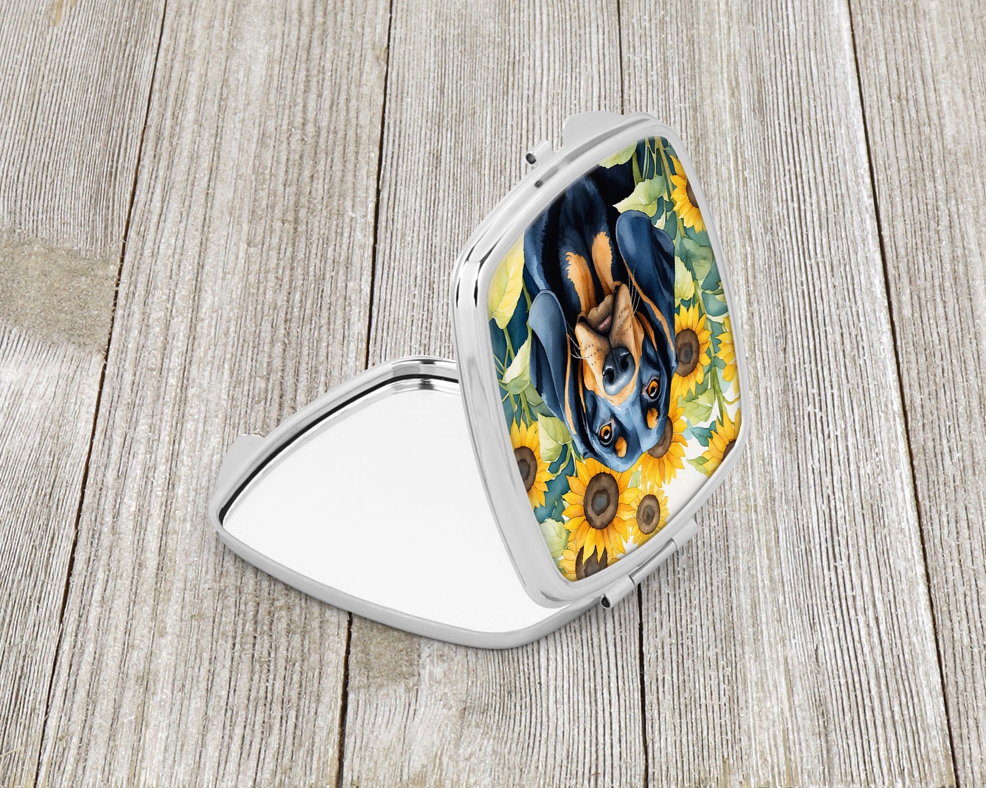 Buy this Black and Tan Coonhound in Sunflowers Compact Mirror