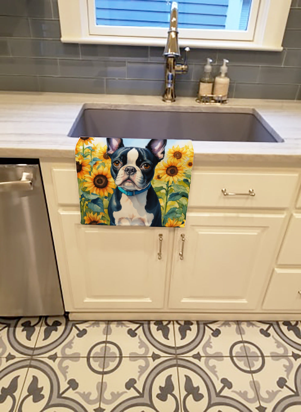 Boston Terrier in Sunflowers Kitchen Towel