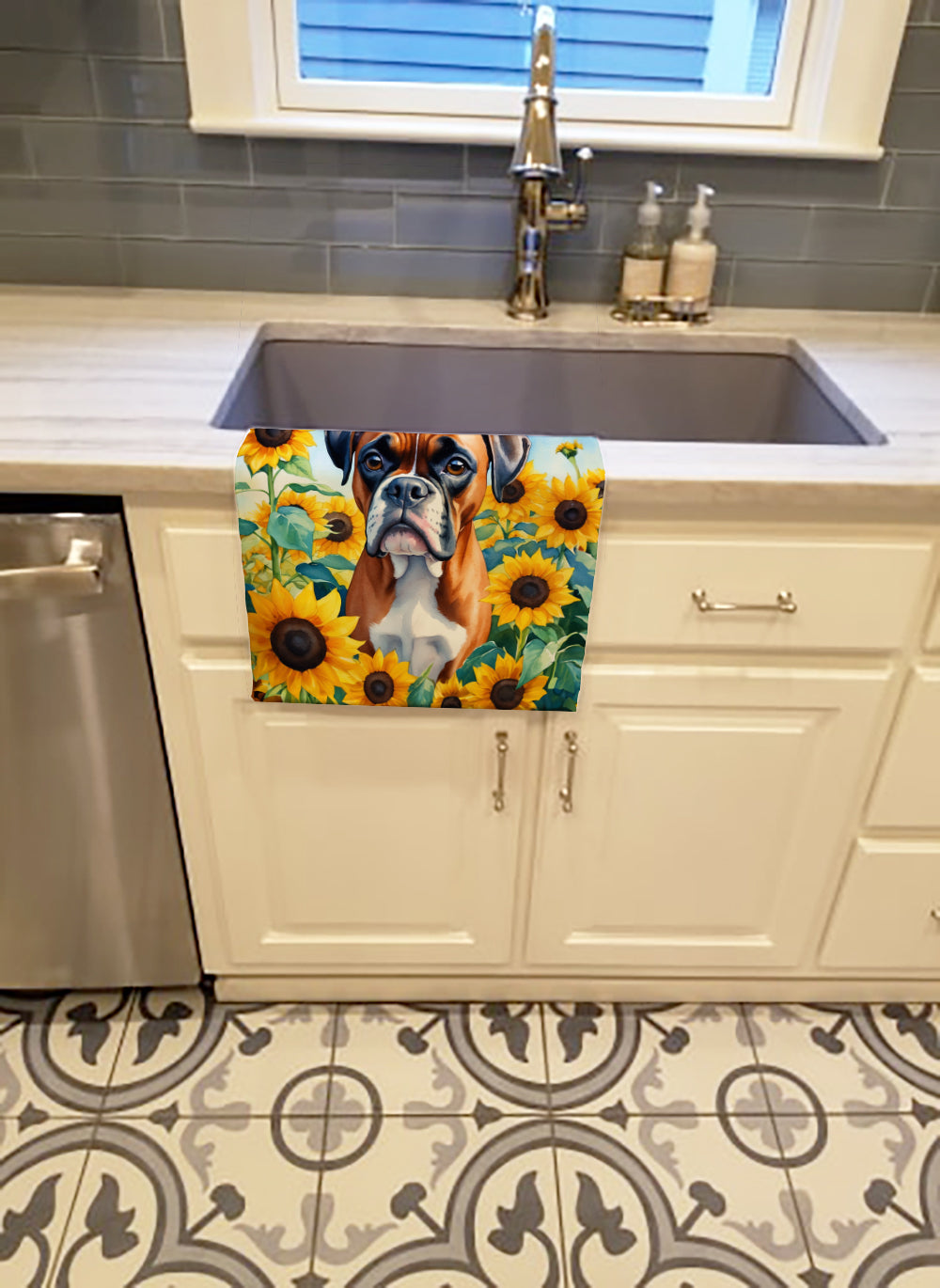 Boxer in Sunflowers Kitchen Towel