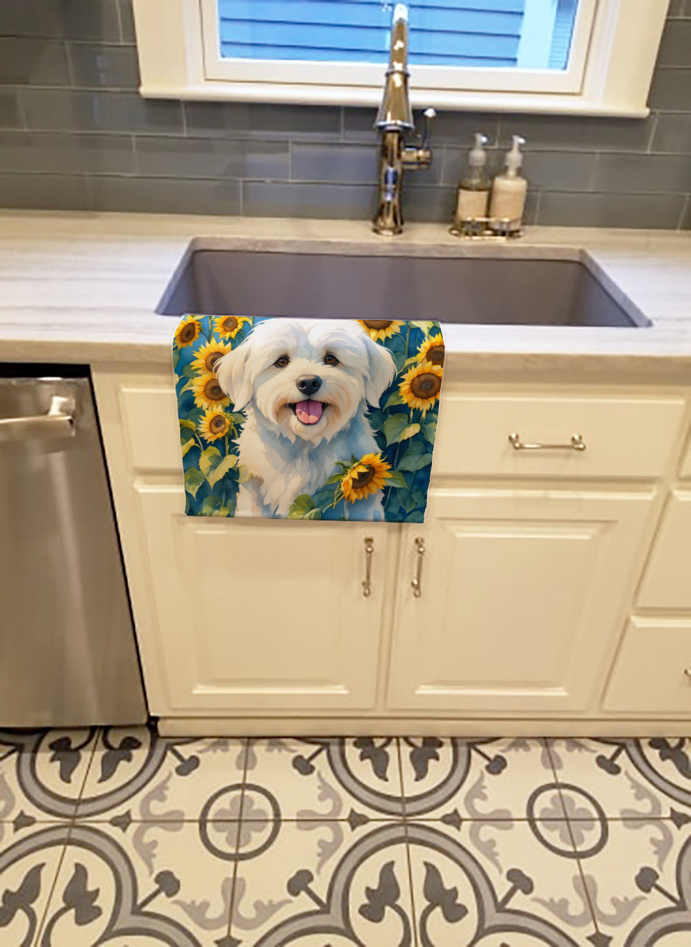 Coton de Tulear in Sunflowers Kitchen Towel