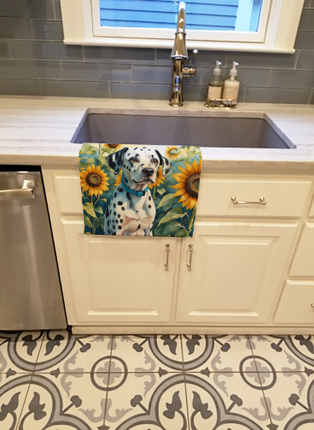 Buy this Dalmatian in Sunflowers Kitchen Towel