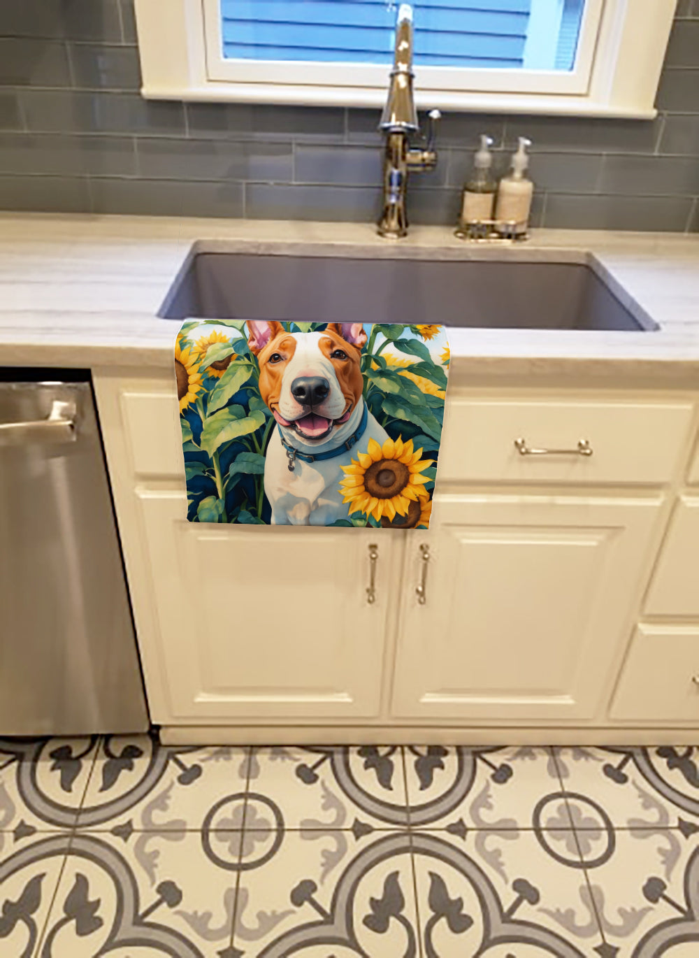 Buy this English Bull Terrier in Sunflowers Kitchen Towel