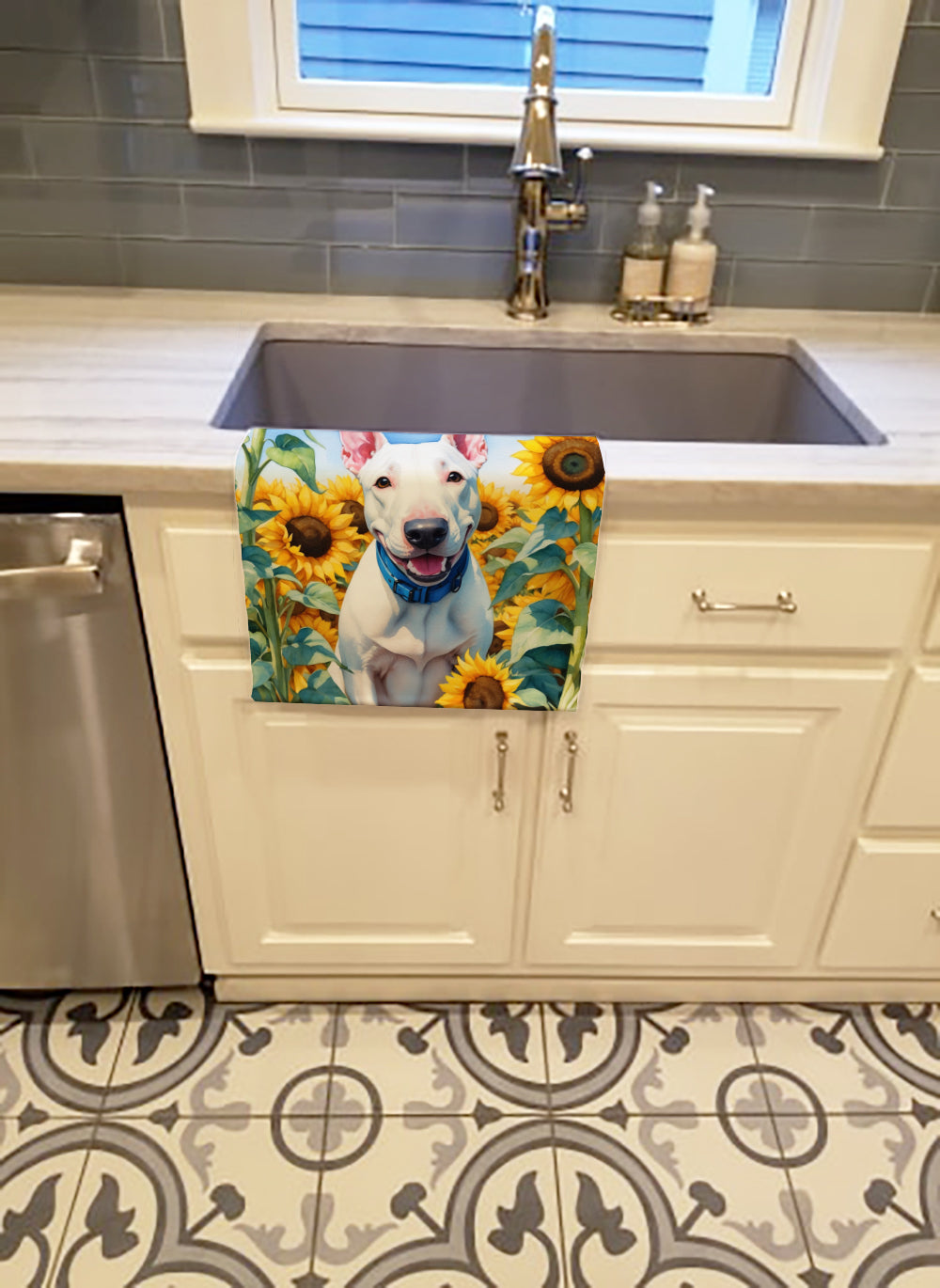 English Bull Terrier in Sunflowers Kitchen Towel