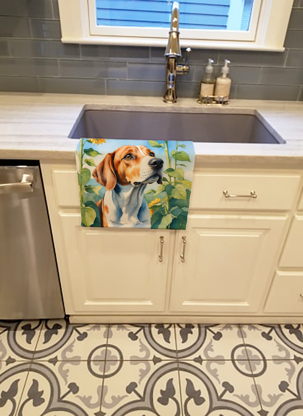 English Foxhound in Sunflowers Kitchen Towel