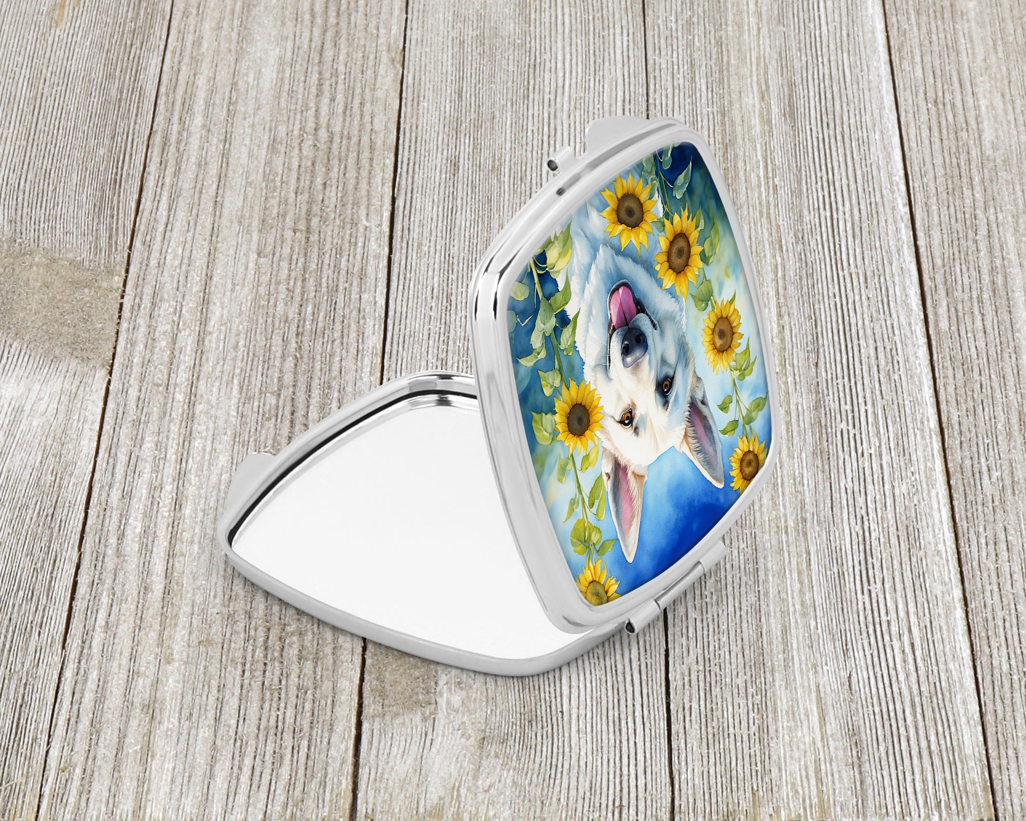 White German Shepherd in Sunflowers Compact Mirror