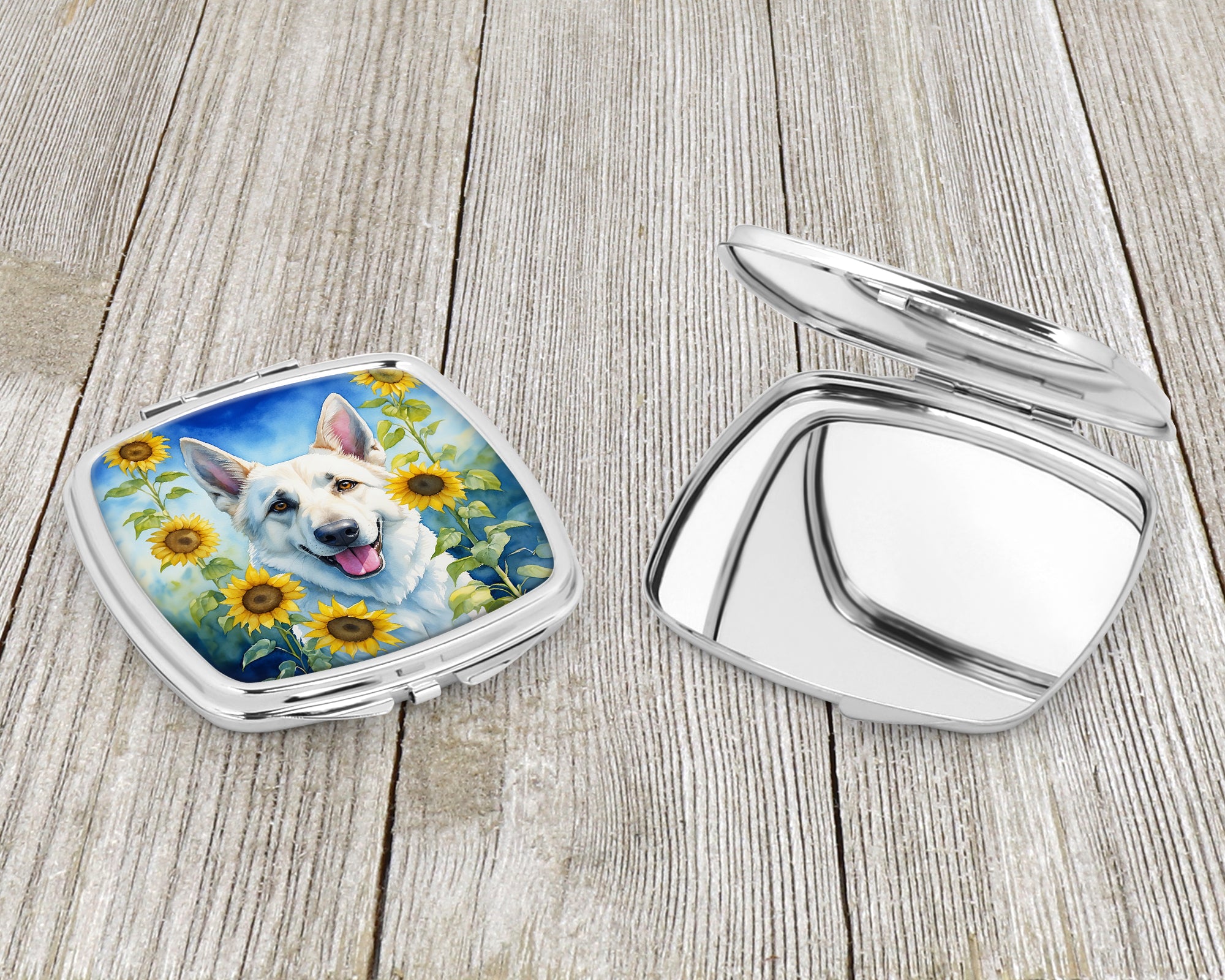 White German Shepherd in Sunflowers Compact Mirror