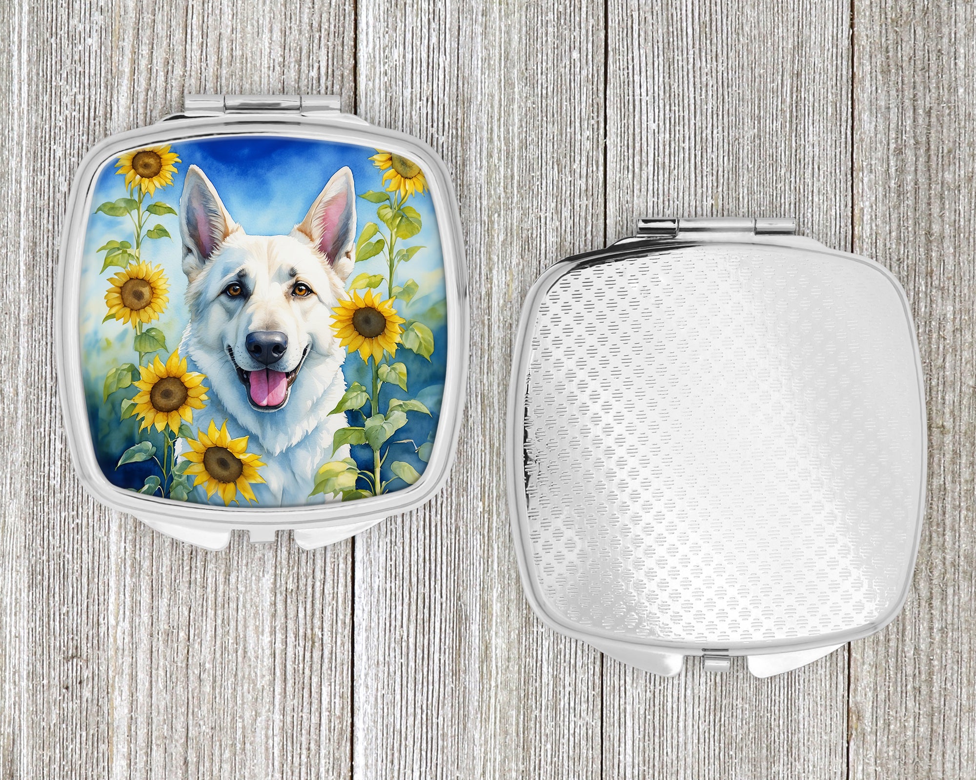 White German Shepherd in Sunflowers Compact Mirror