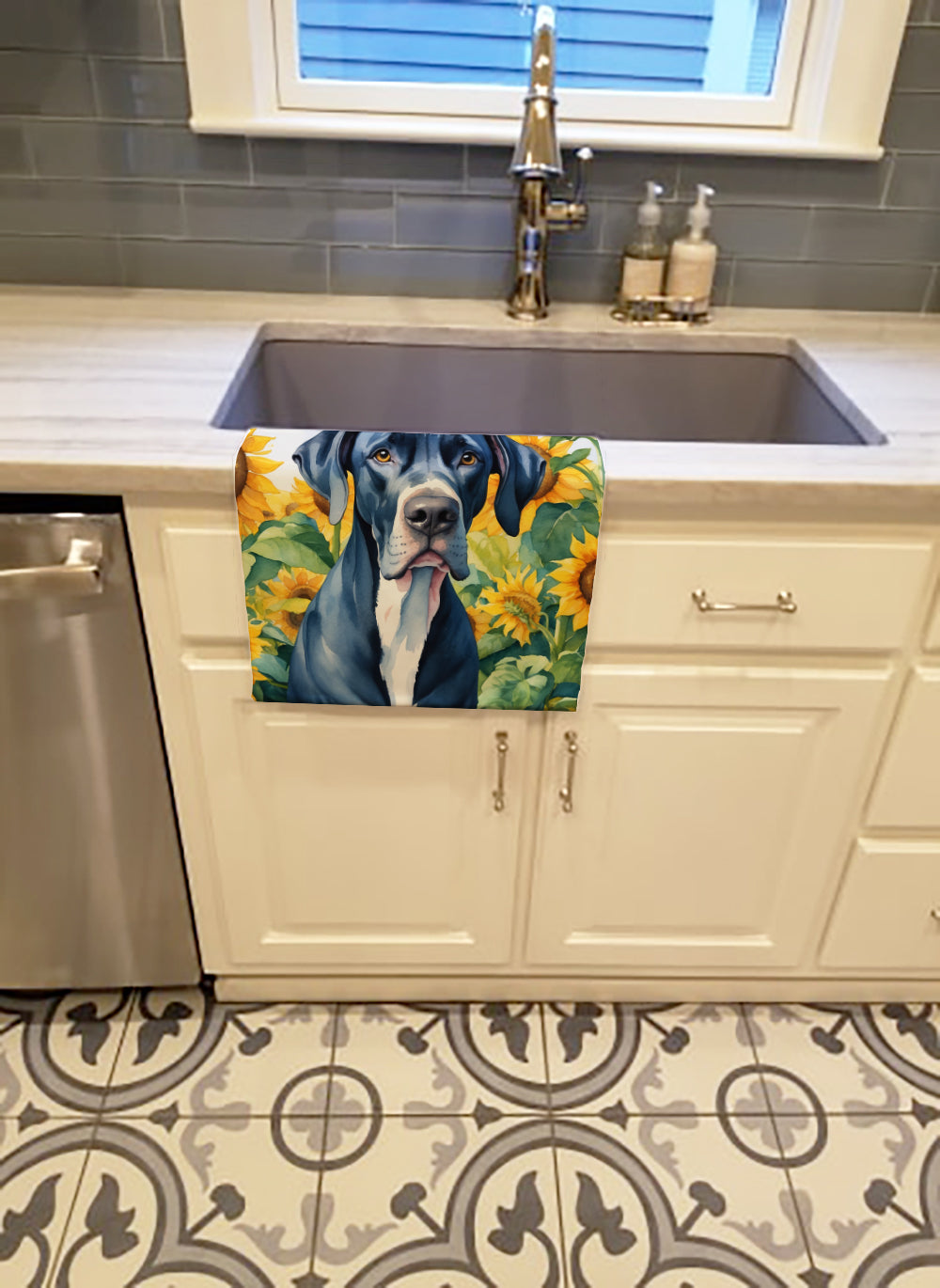 Great Dane in Sunflowers Kitchen Towel