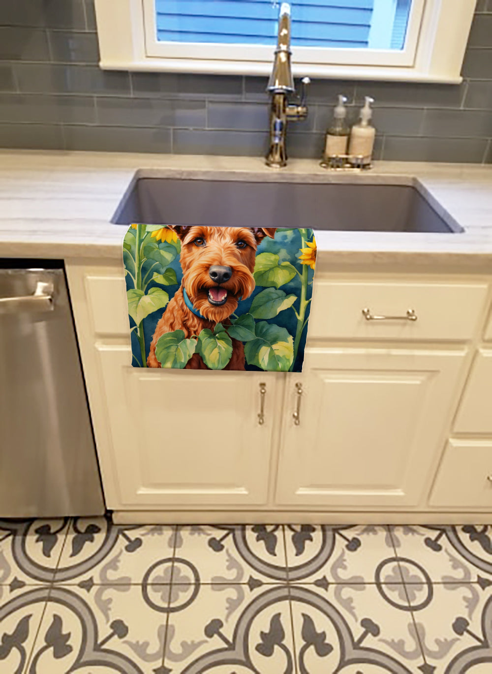 Irish Terrier in Sunflowers Kitchen Towel