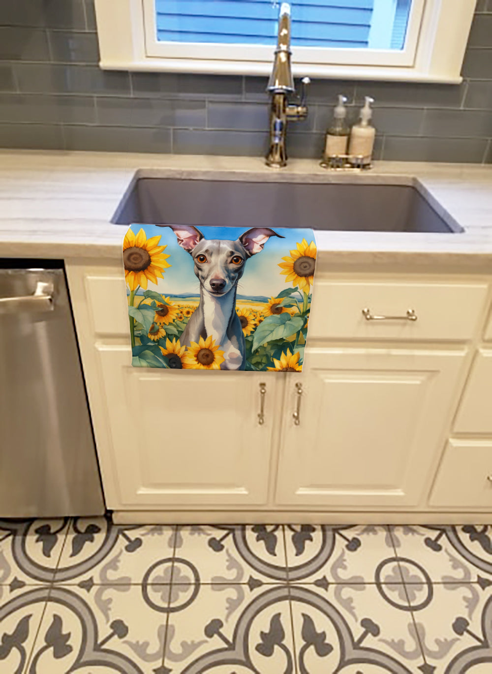 Italian Greyhound in Sunflowers Kitchen Towel