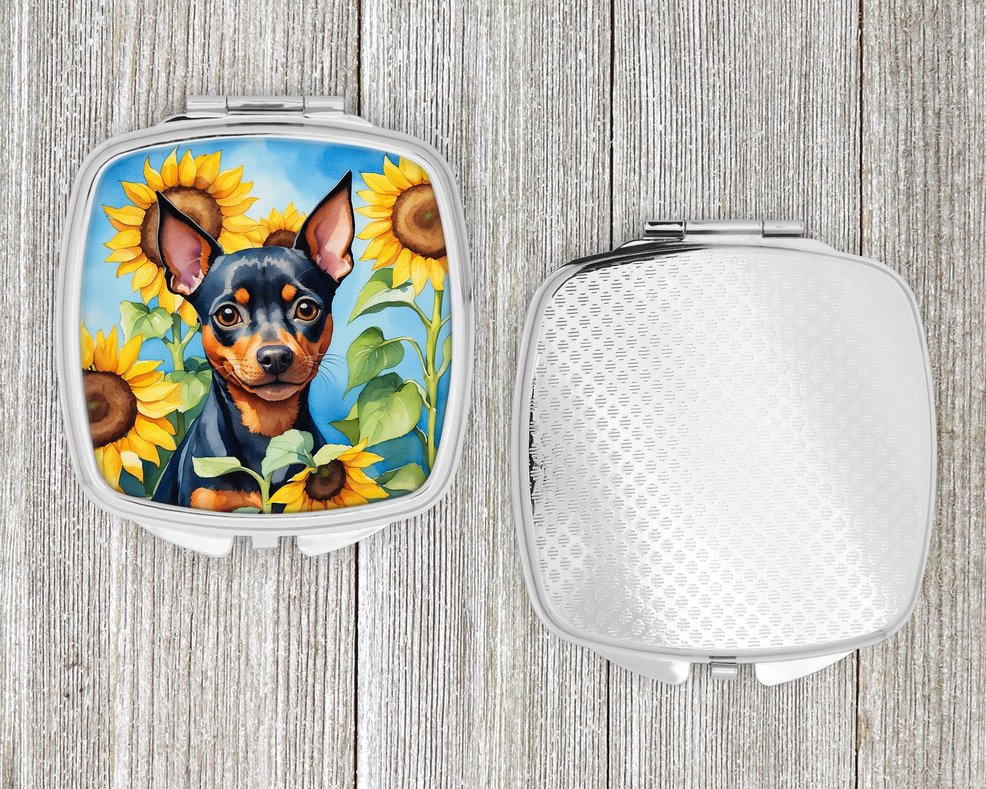 Miniature Pinscher in Sunflowers Compact Mirror