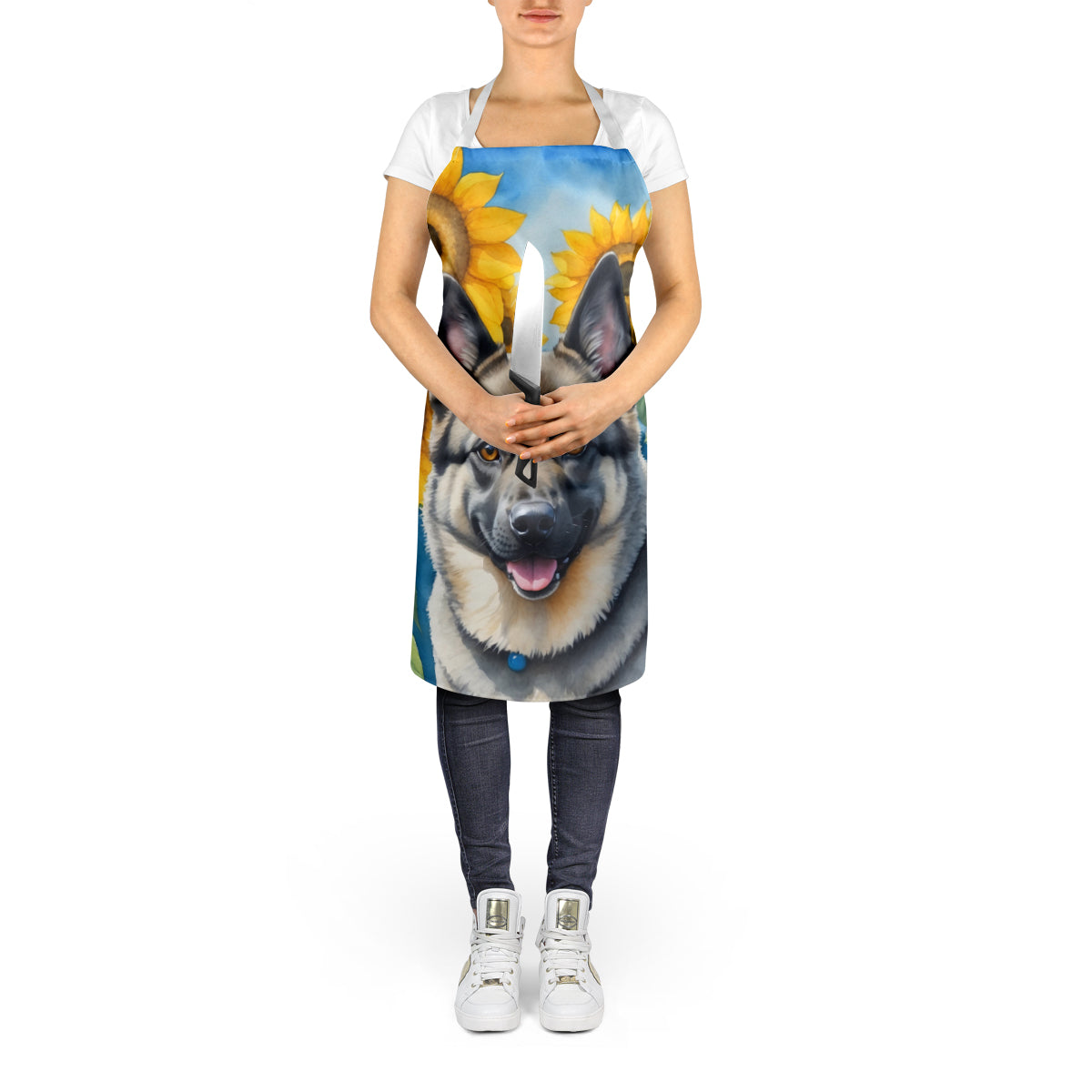 Norwegian Elkhound in Sunflowers Apron