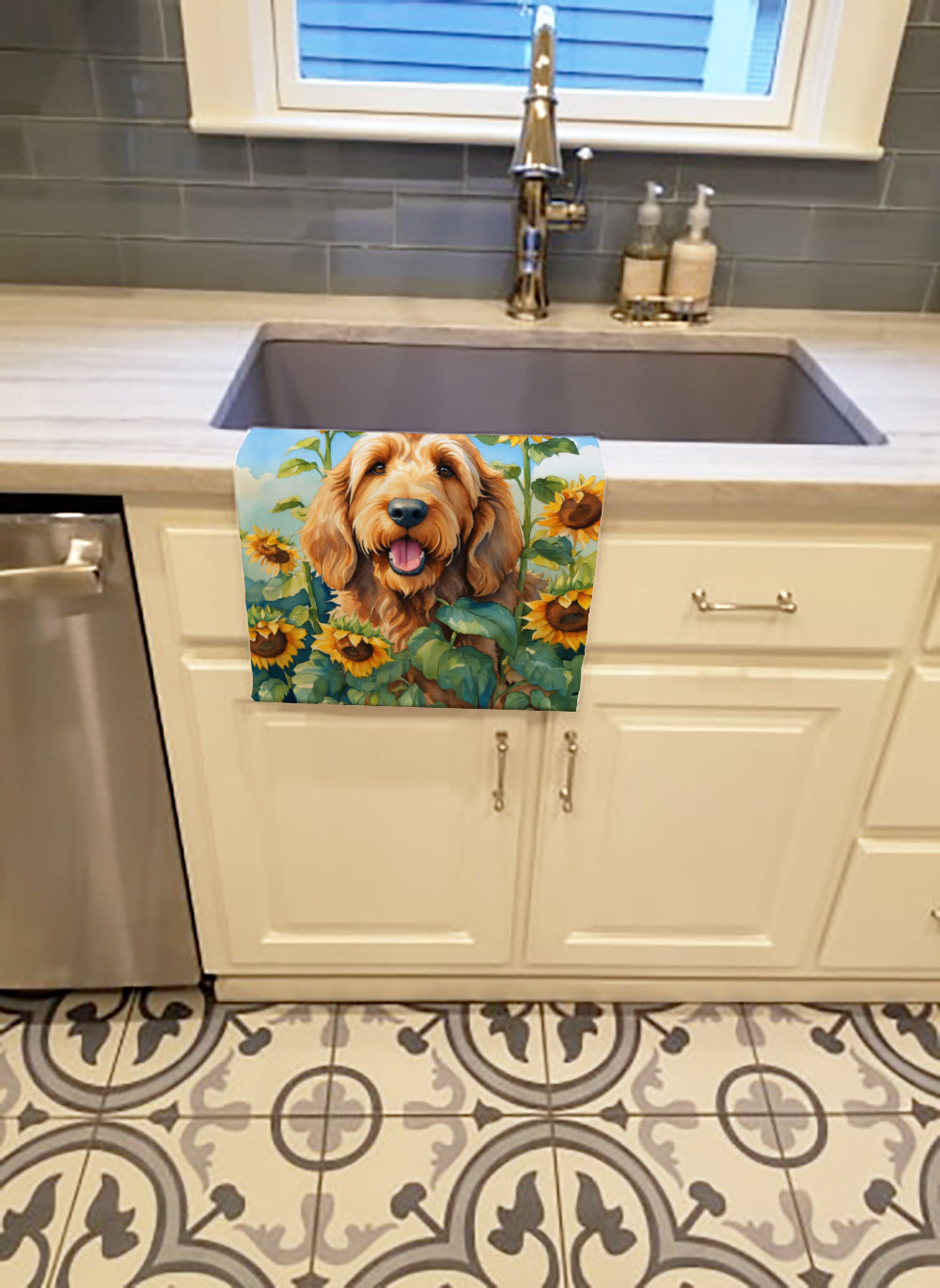 Otterhound in Sunflowers Kitchen Towel