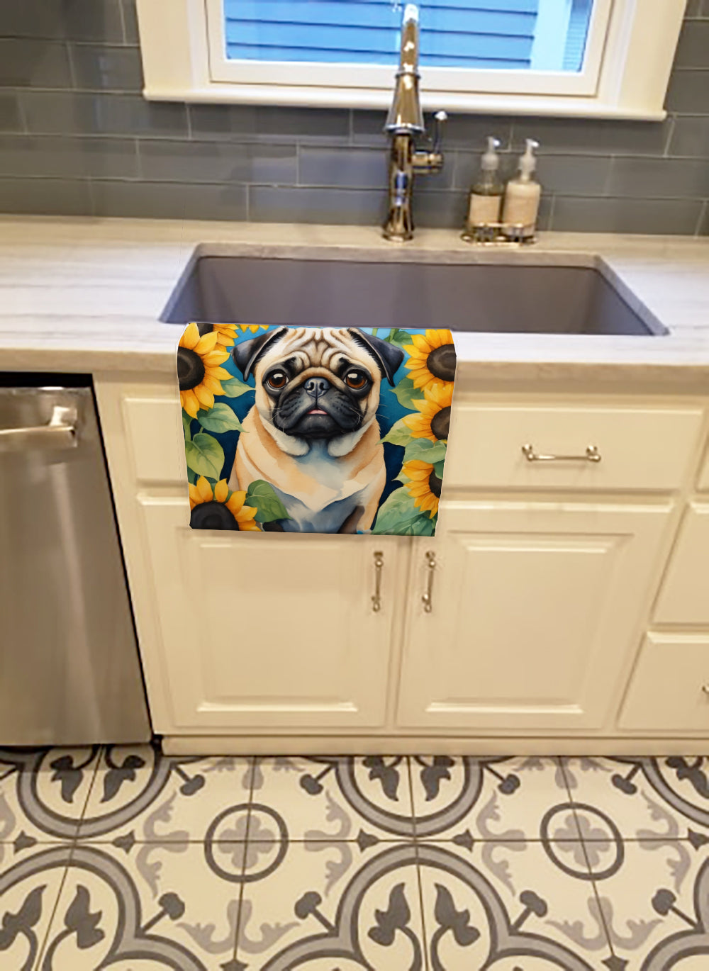 Buy this Pug in Sunflowers Kitchen Towel