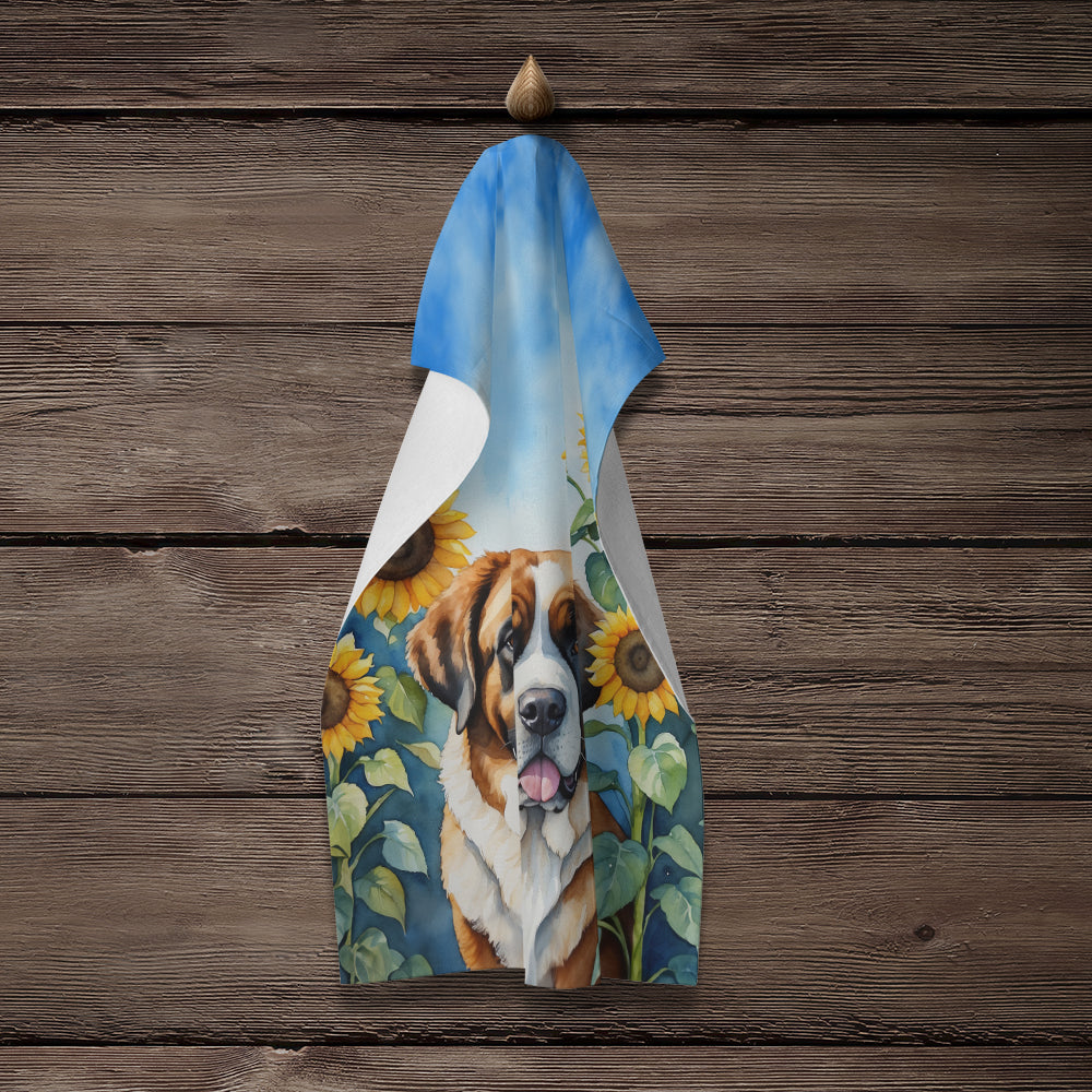 Saint Bernard in Sunflowers Kitchen Towel