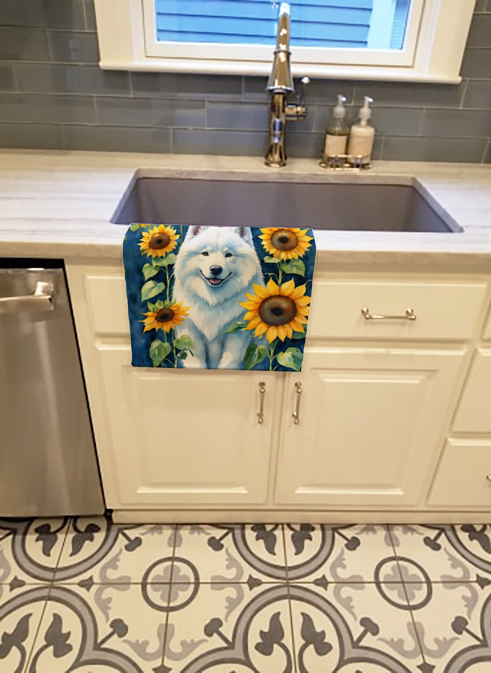 Samoyed in Sunflowers Kitchen Towel