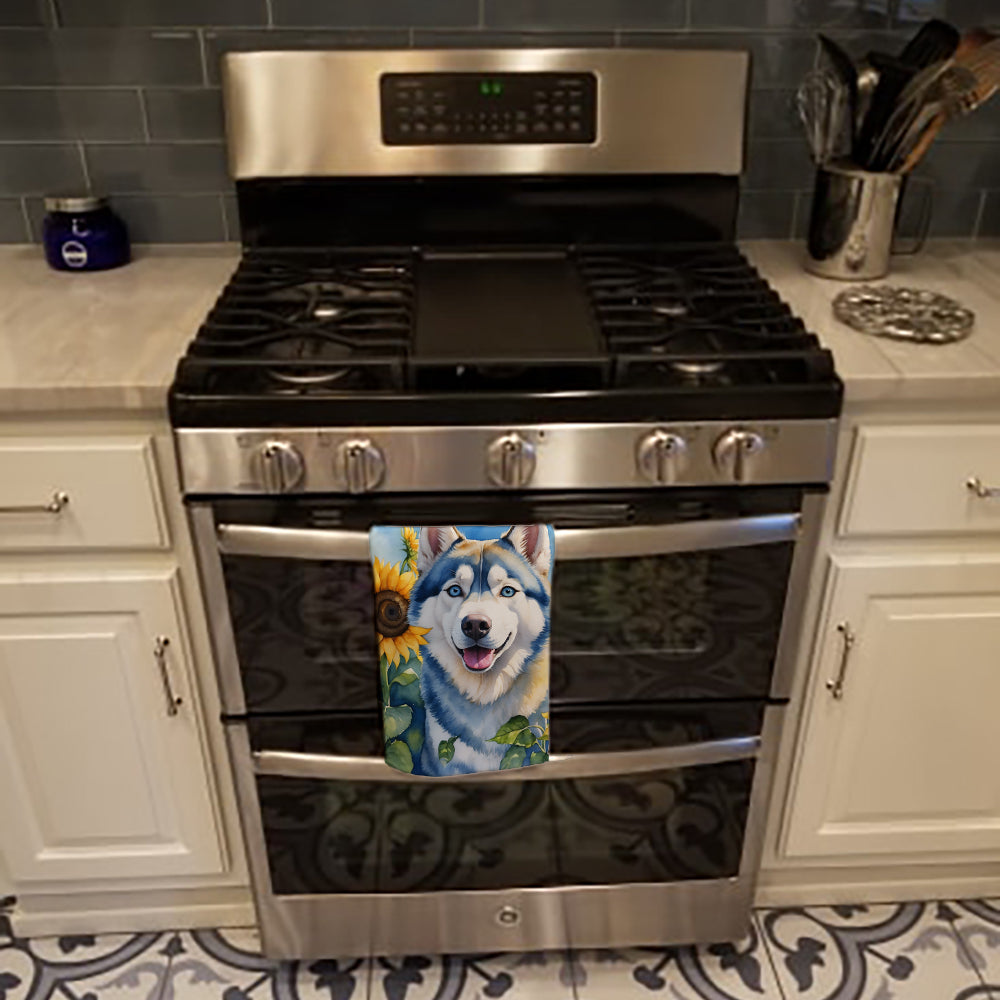 Siberian Husky in Sunflowers Kitchen Towel