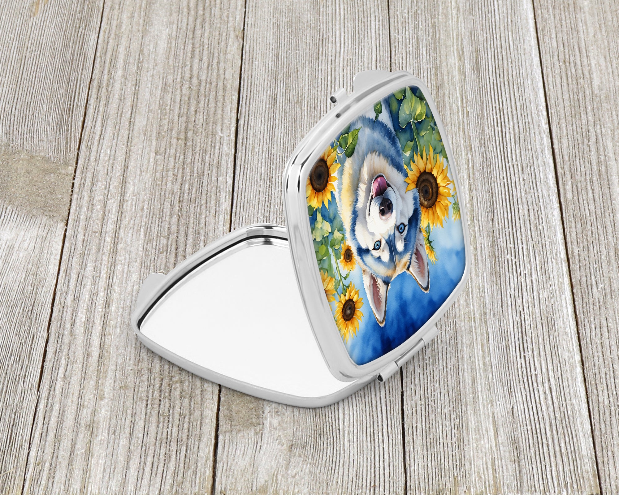 Siberian Husky in Sunflowers Compact Mirror