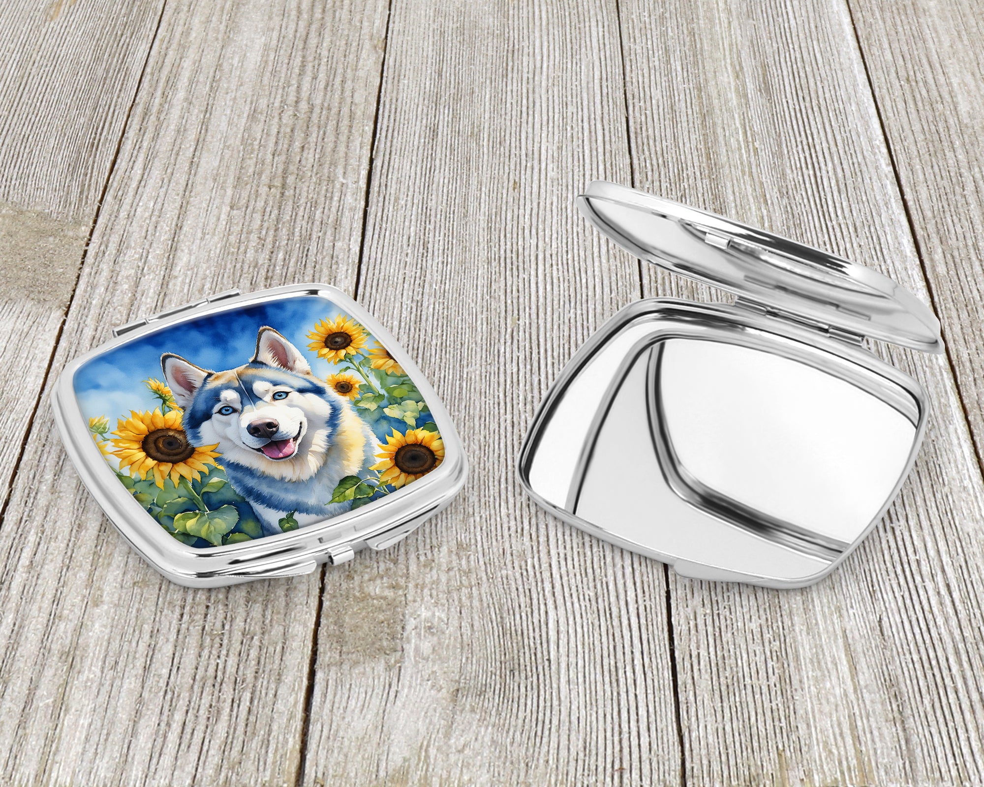 Siberian Husky in Sunflowers Compact Mirror