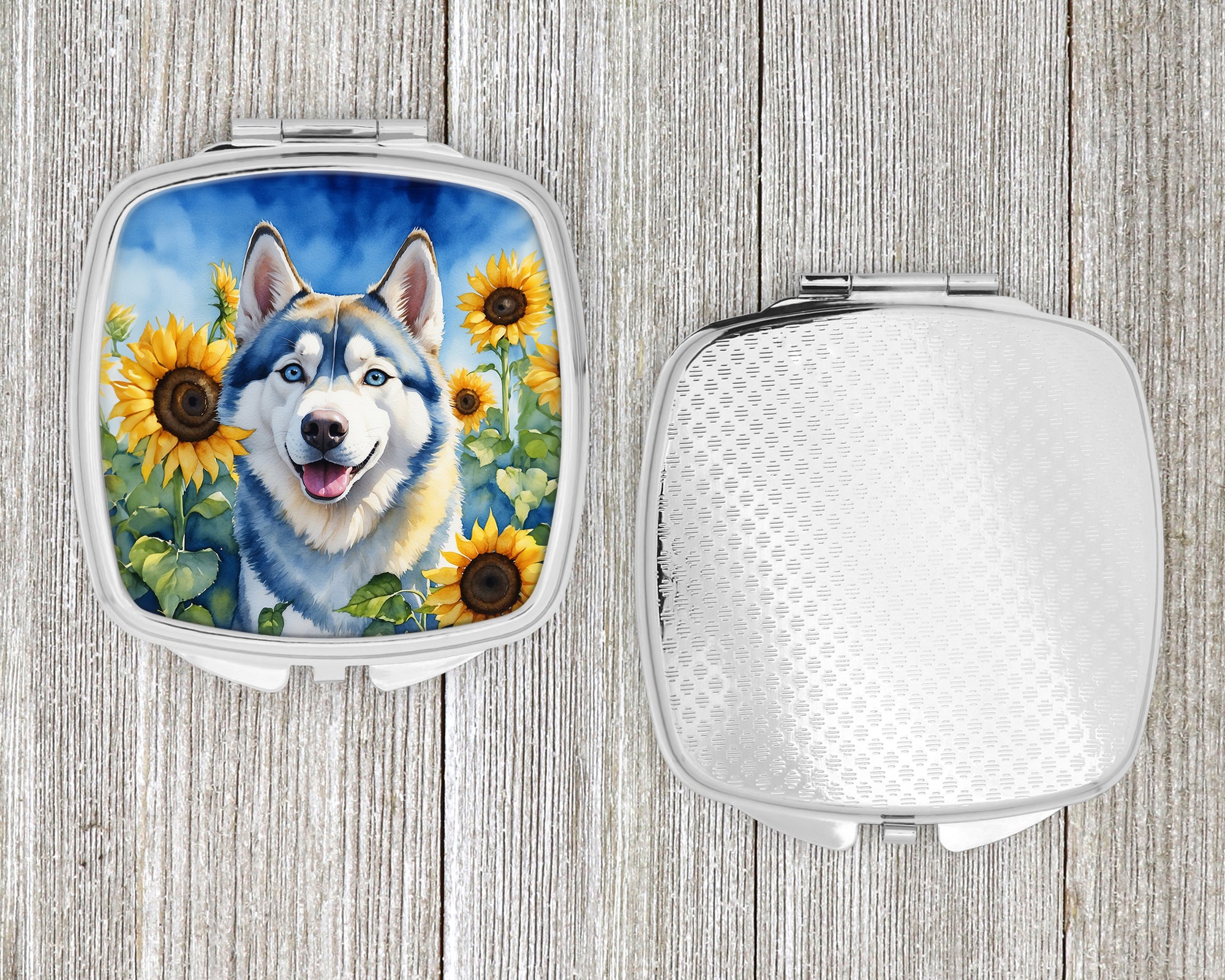 Siberian Husky in Sunflowers Compact Mirror