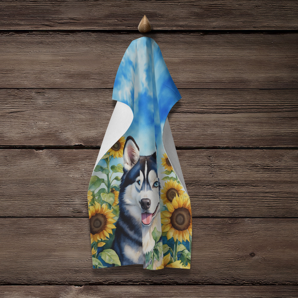 Siberian Husky in Sunflowers Kitchen Towel