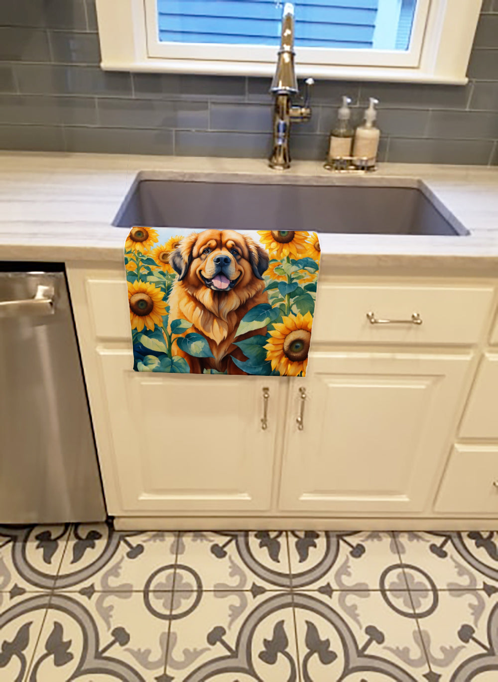 Buy this Tibetan Mastiff in Sunflowers Kitchen Towel