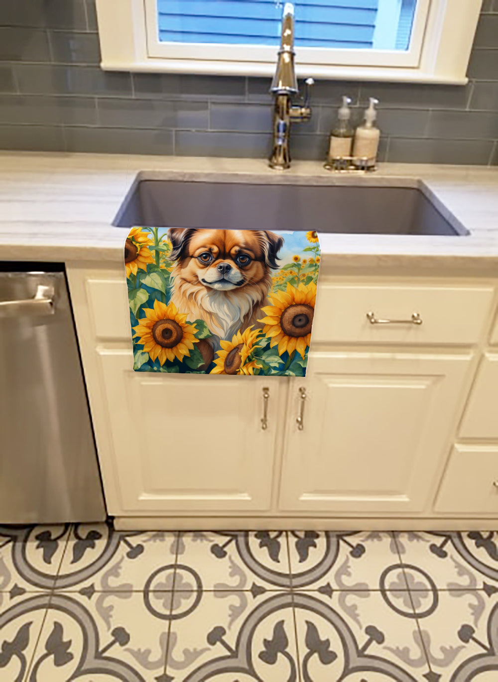 Tibetan Spaniel in Sunflowers Kitchen Towel