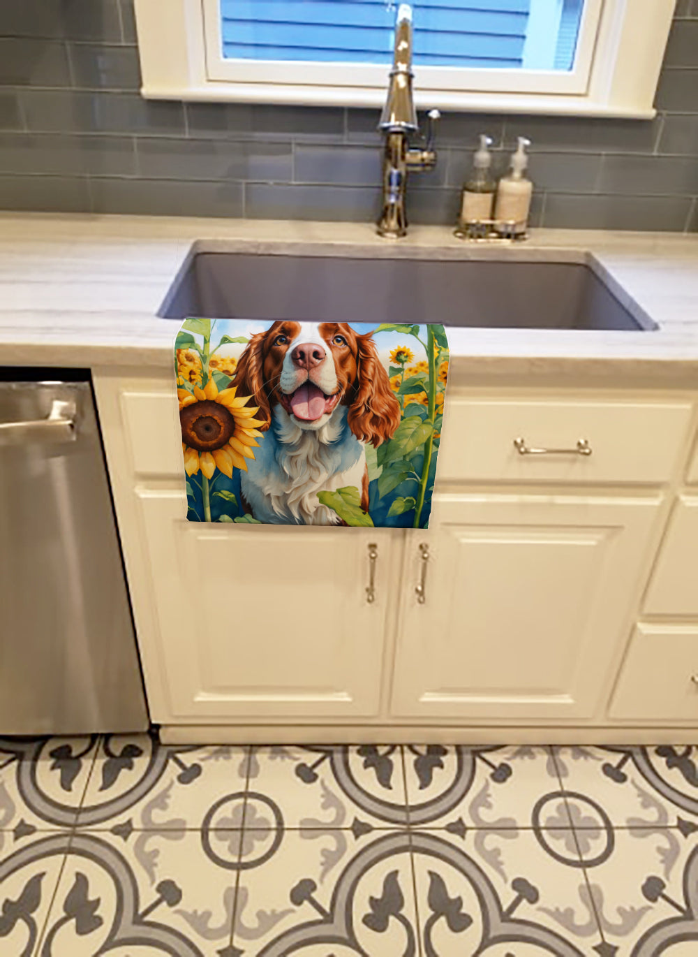 Welsh Springer Spaniel in Sunflowers Kitchen Towel