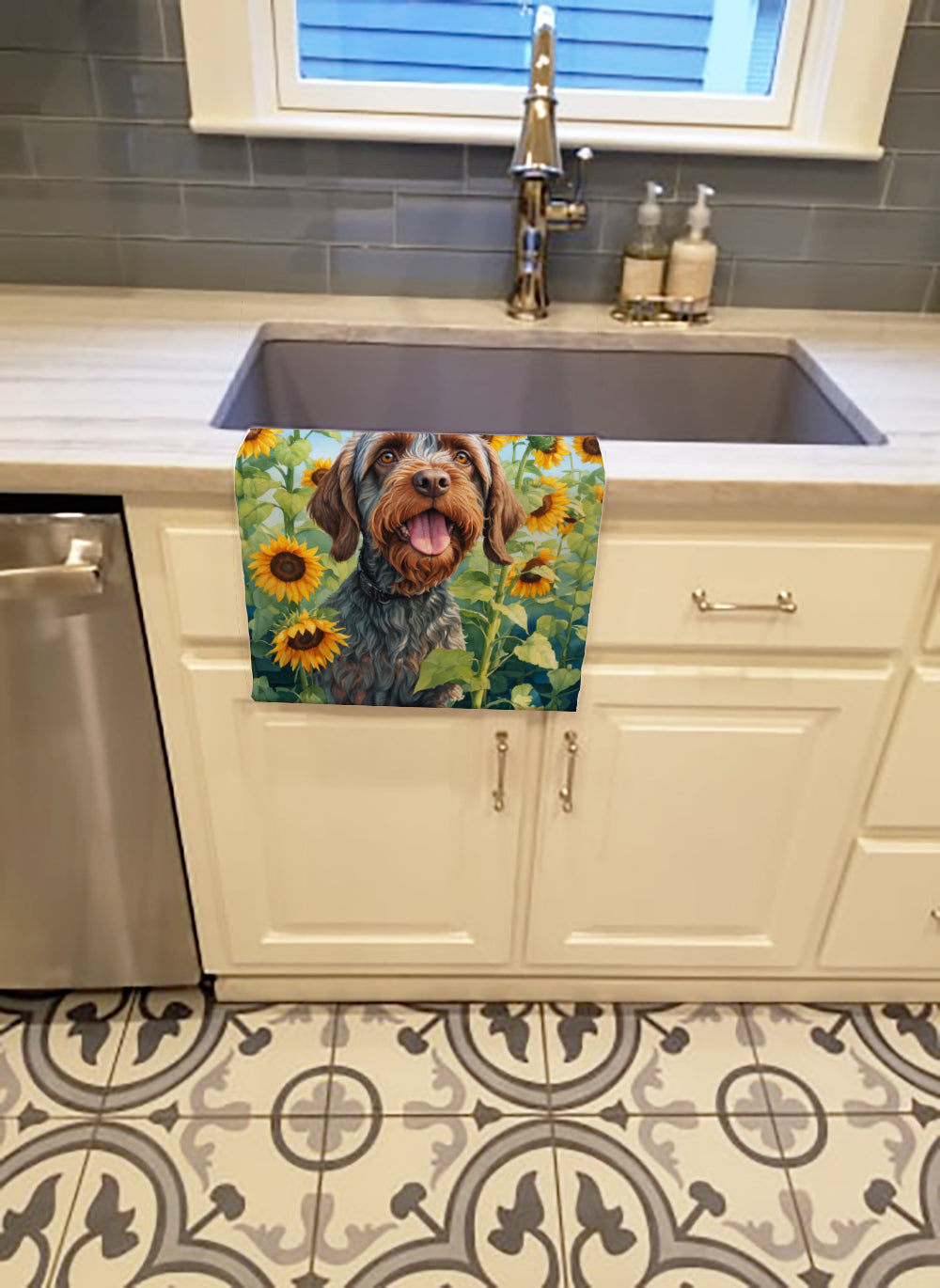 Wirehaired Pointing Griffon in Sunflowers Kitchen Towel