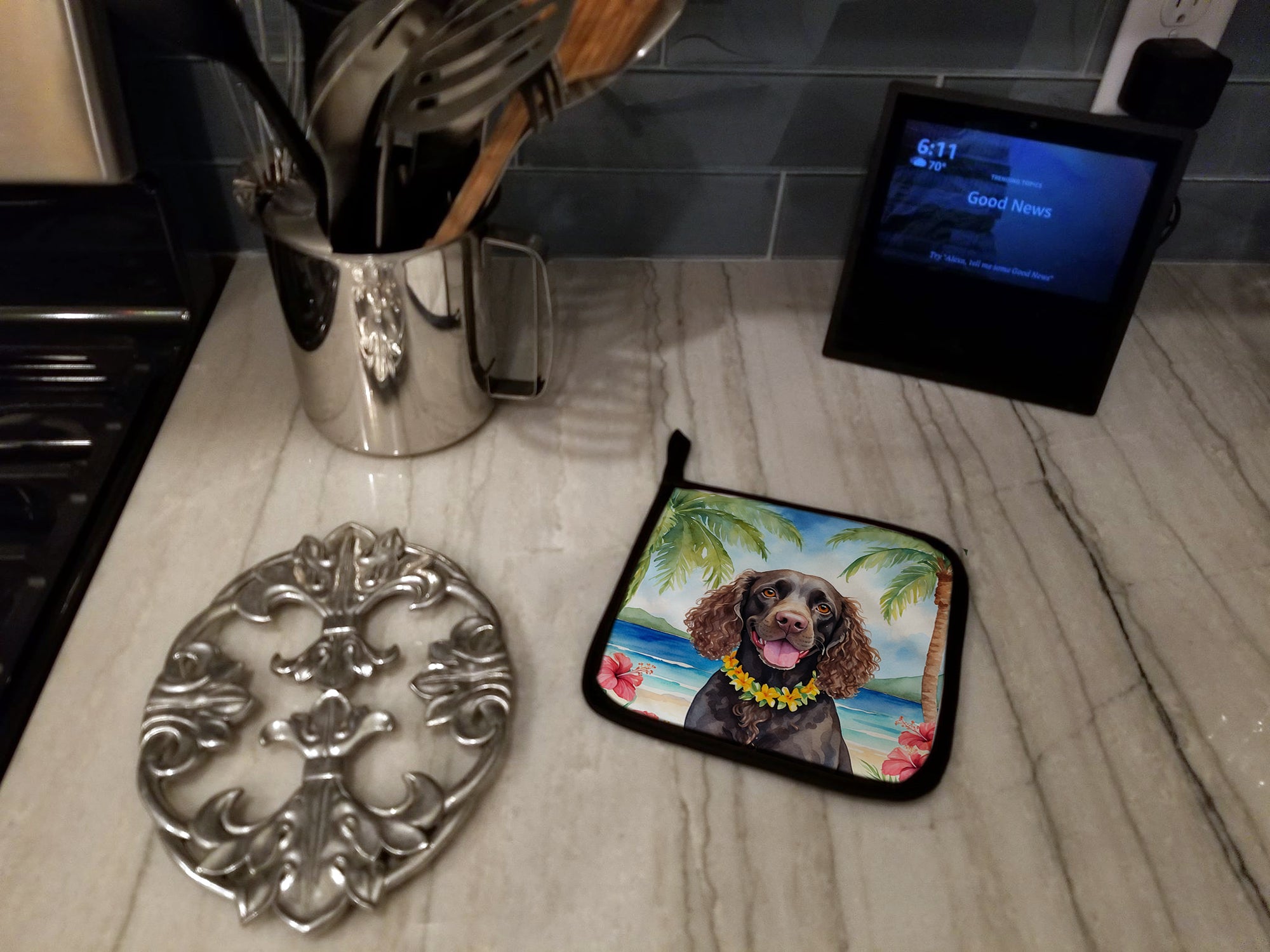 American Water Spaniel Luau Pair of Pot Holders