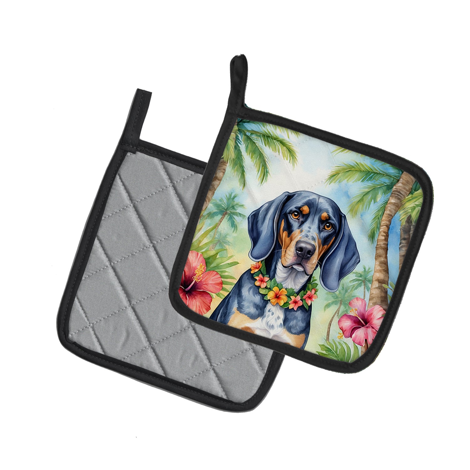 Bluetick Coonhound Luau Pair of Pot Holders