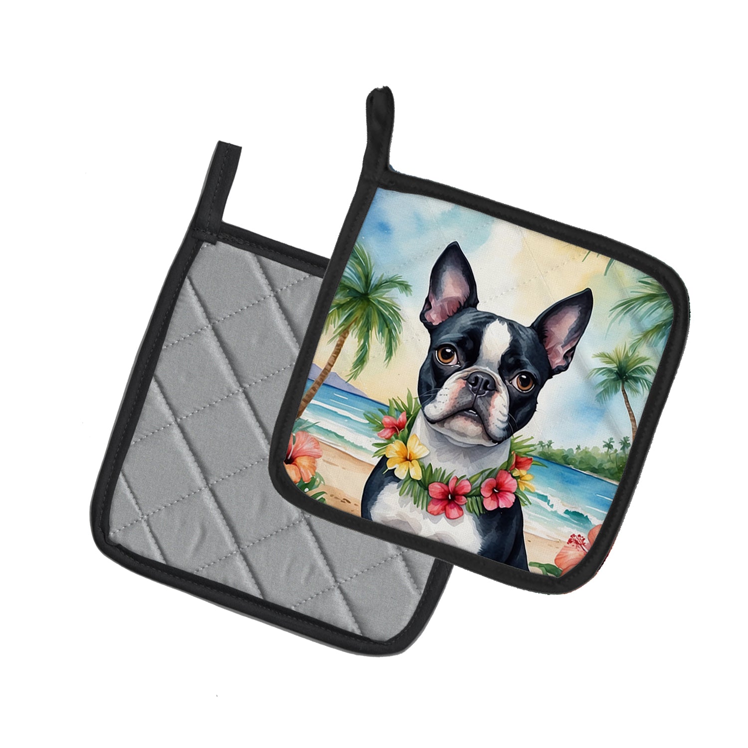 Boston Terrier Luau Pair of Pot Holders