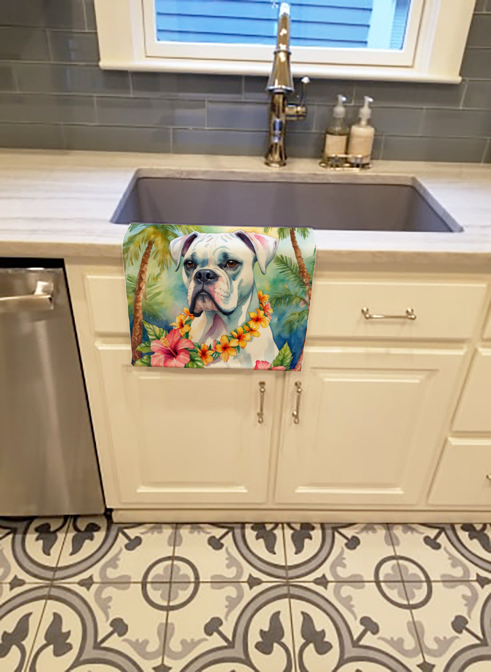 White Boxer Luau Kitchen Towel