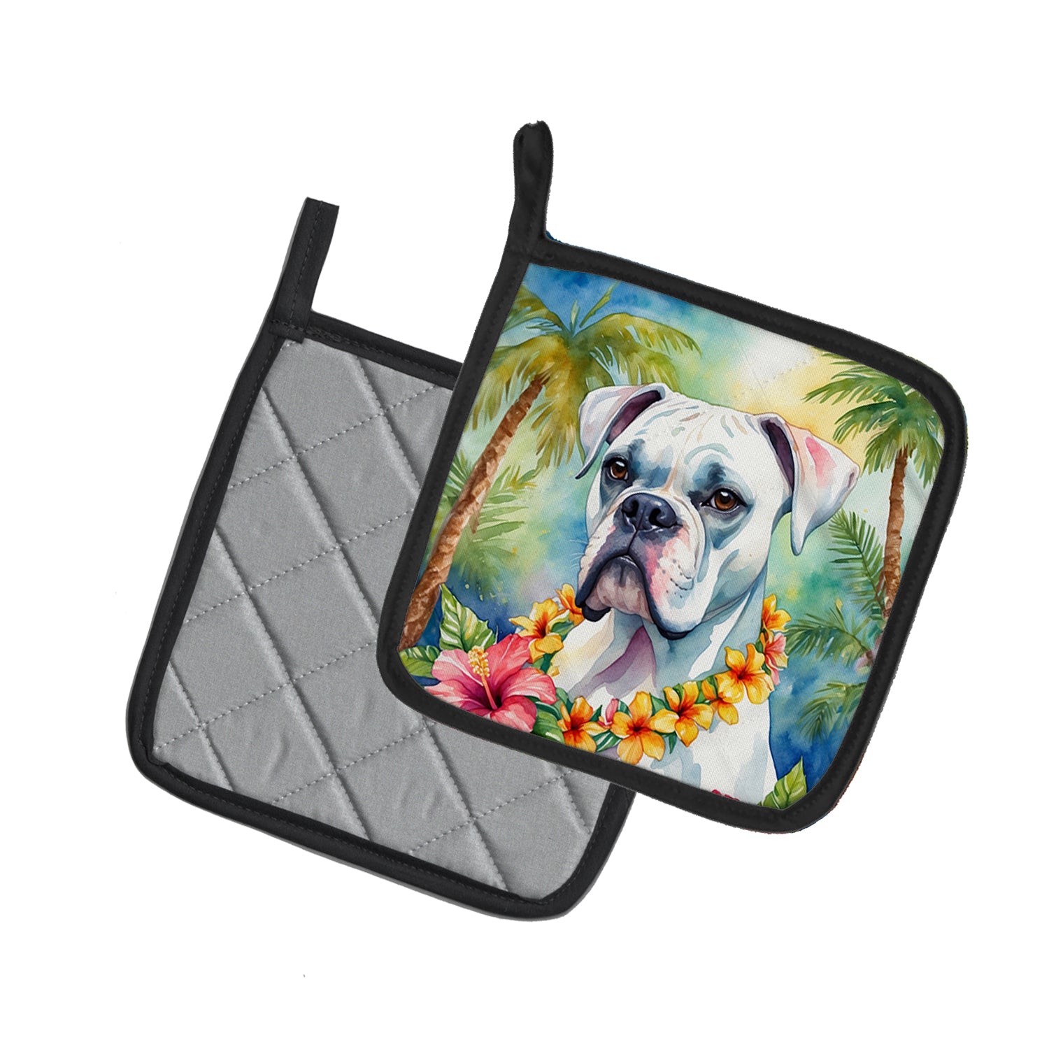 White Boxer Luau Pair of Pot Holders