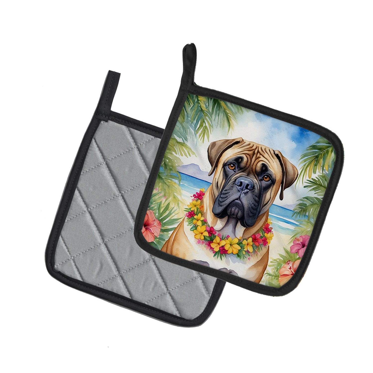 Bullmastiff Luau Pair of Pot Holders