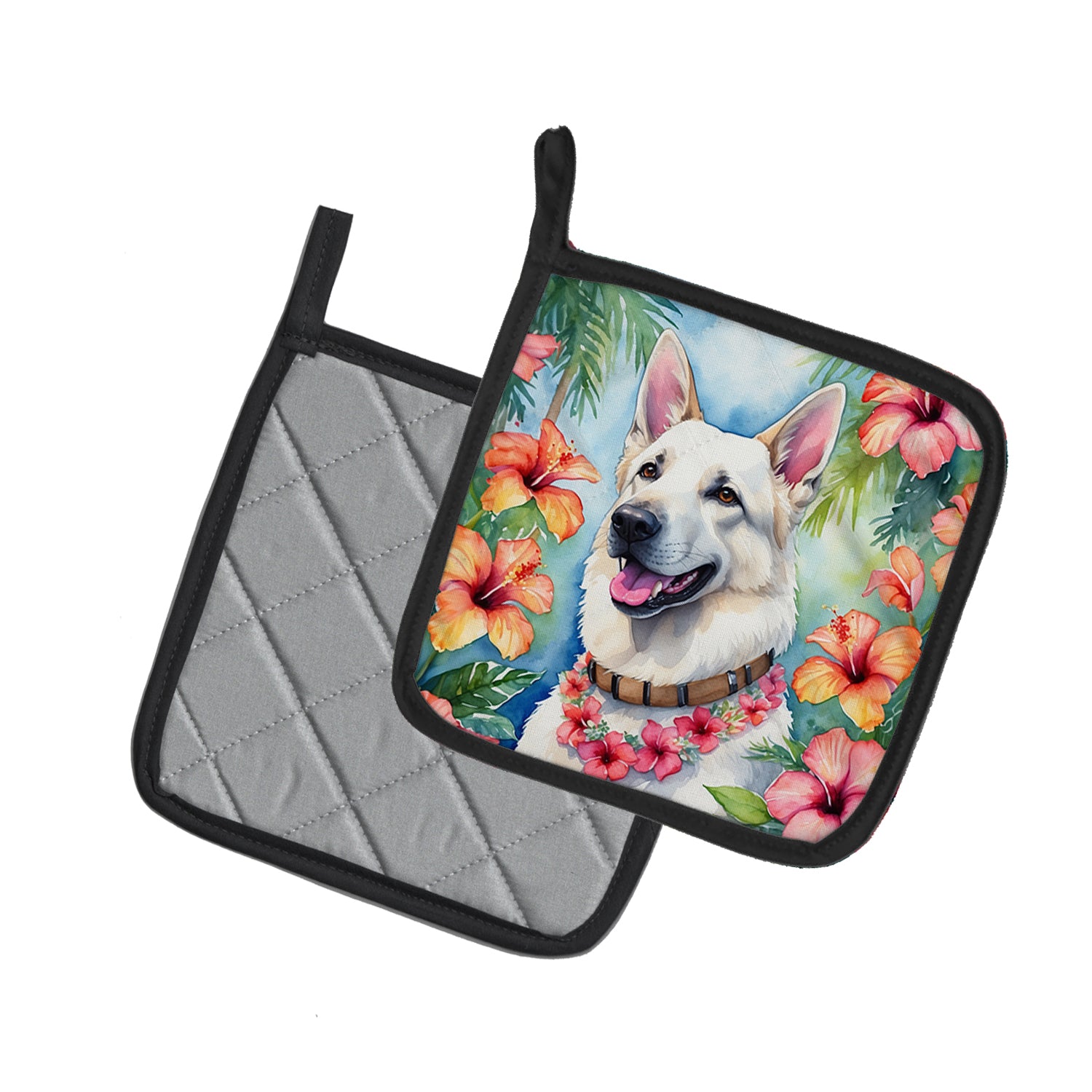 White German Shepherd Luau Pair of Pot Holders