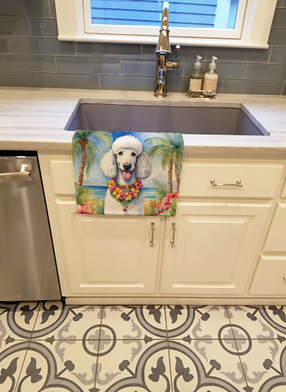 White Poodle Luau Kitchen Towel