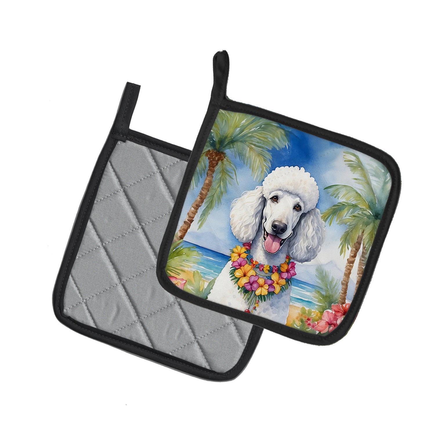 White Poodle Luau Pair of Pot Holders