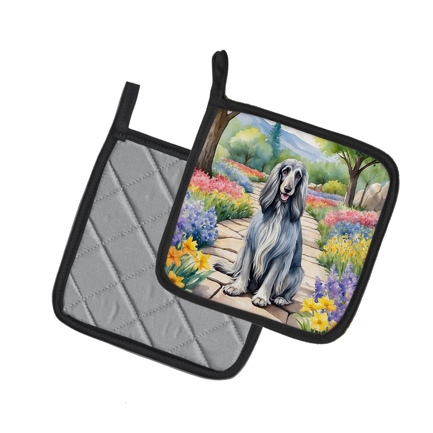 Afghan Hound Spring Garden Pair of Pot Holders