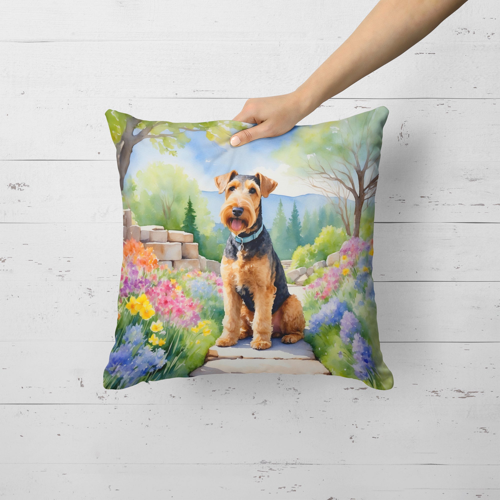 Airedale Terrier Spring Garden Throw Pillow